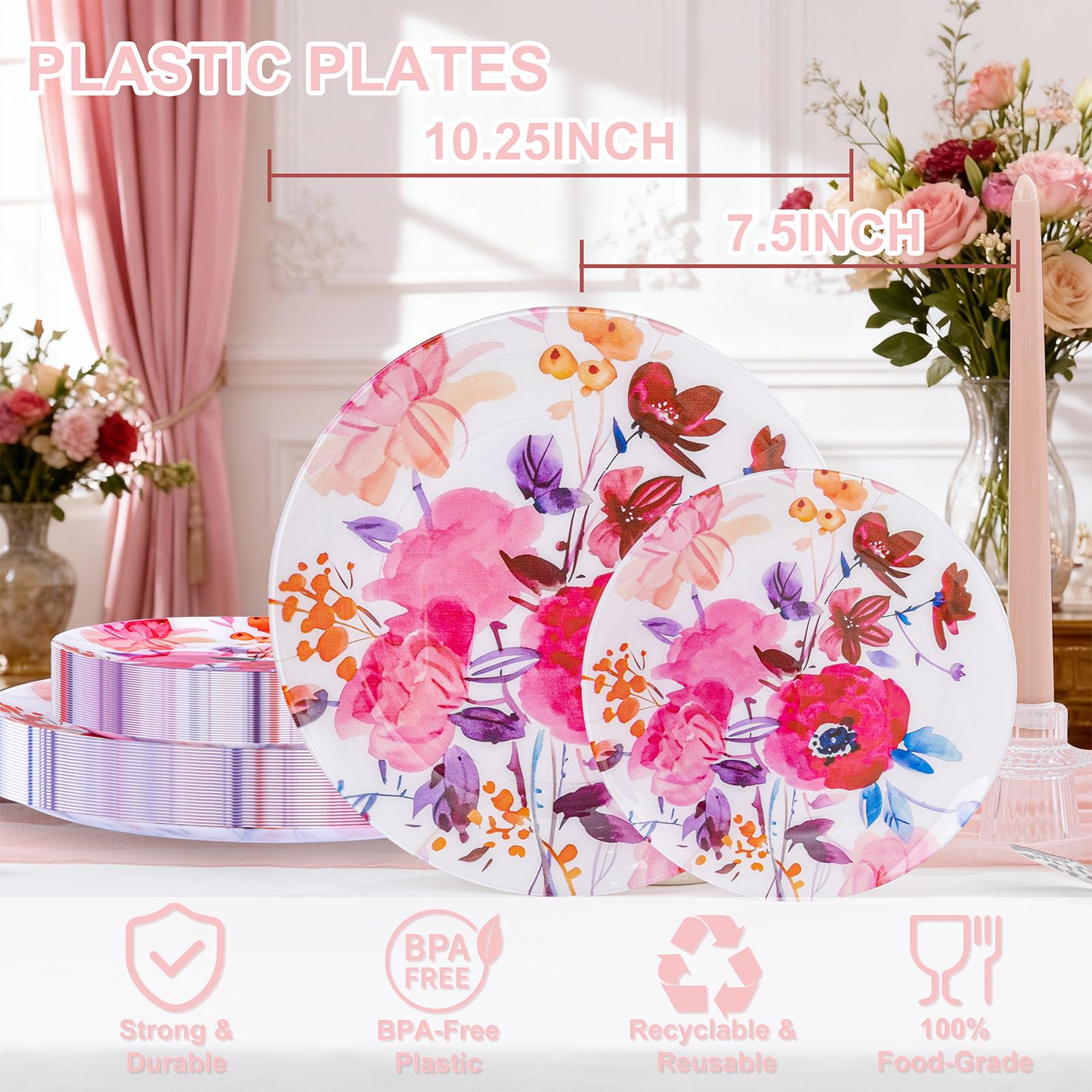DaYammi 20Pcs Floral Disposable Plastic Plates-Disposable Heavy duty Watercolor Floral Plastic Plates 10.25 inch Dinner plates and 7.5 inch Dessert plates, Disposable Plate for Party Mother's Day