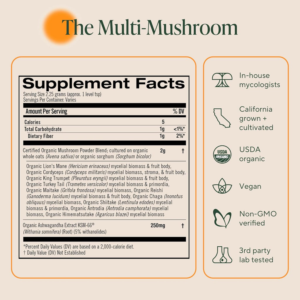 OM Mushrooms Master Blend Mushroom Powder – Organic Mushroom Supplement with 10 Mushrooms and Ashwagandha - Support Immunity, Gut Health & Stress Relief, 6.34 oz (80 Servings)