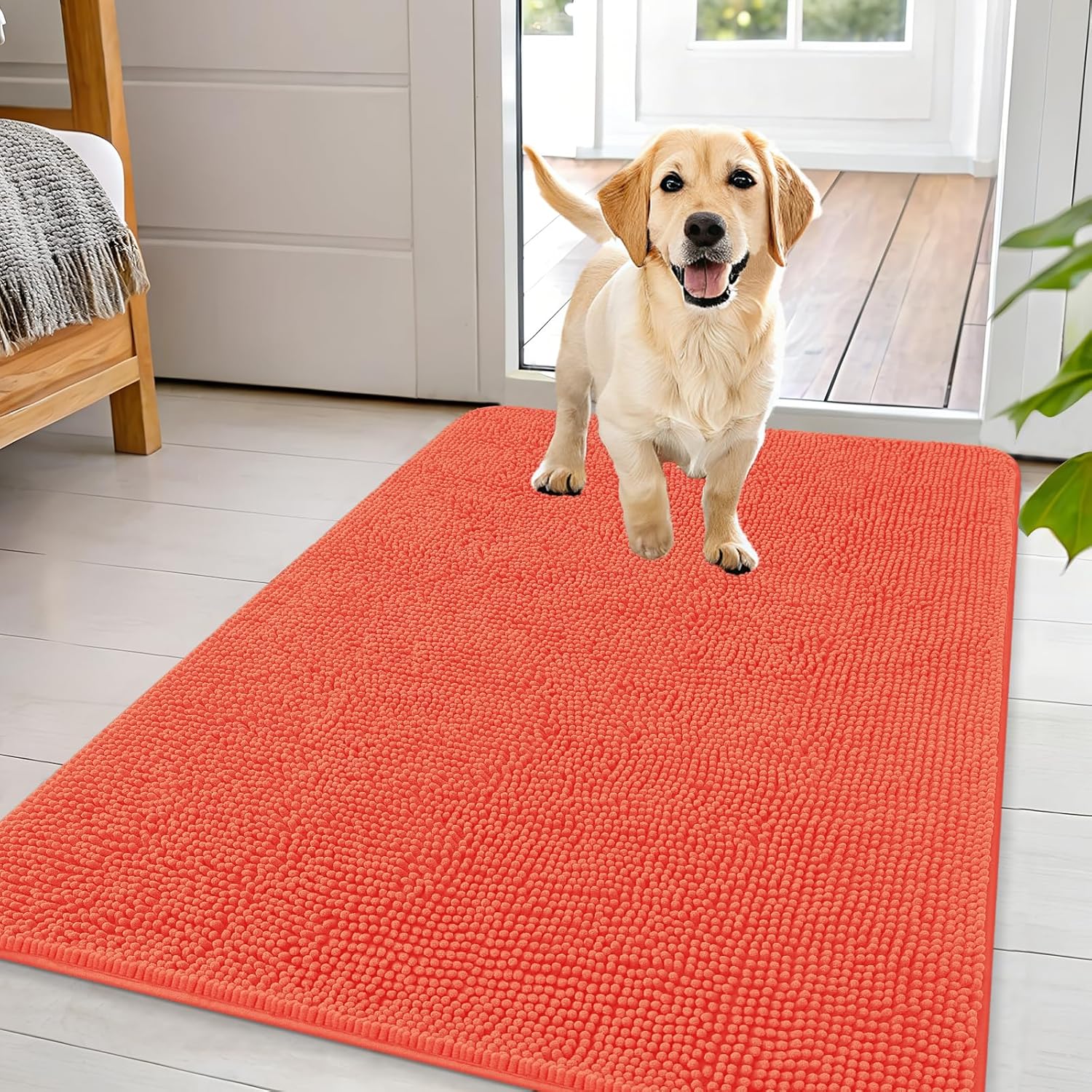 OLANLY Dog Door Mat for Muddy Paws 70x24, Absorbs Moisture and Dirt, Absorbent Non-Slip Washable Doormat, Quick Dry Chenille Mud Mat for Dogs, Entry Indoor Entryway Carpet for Inside Floor, Beige