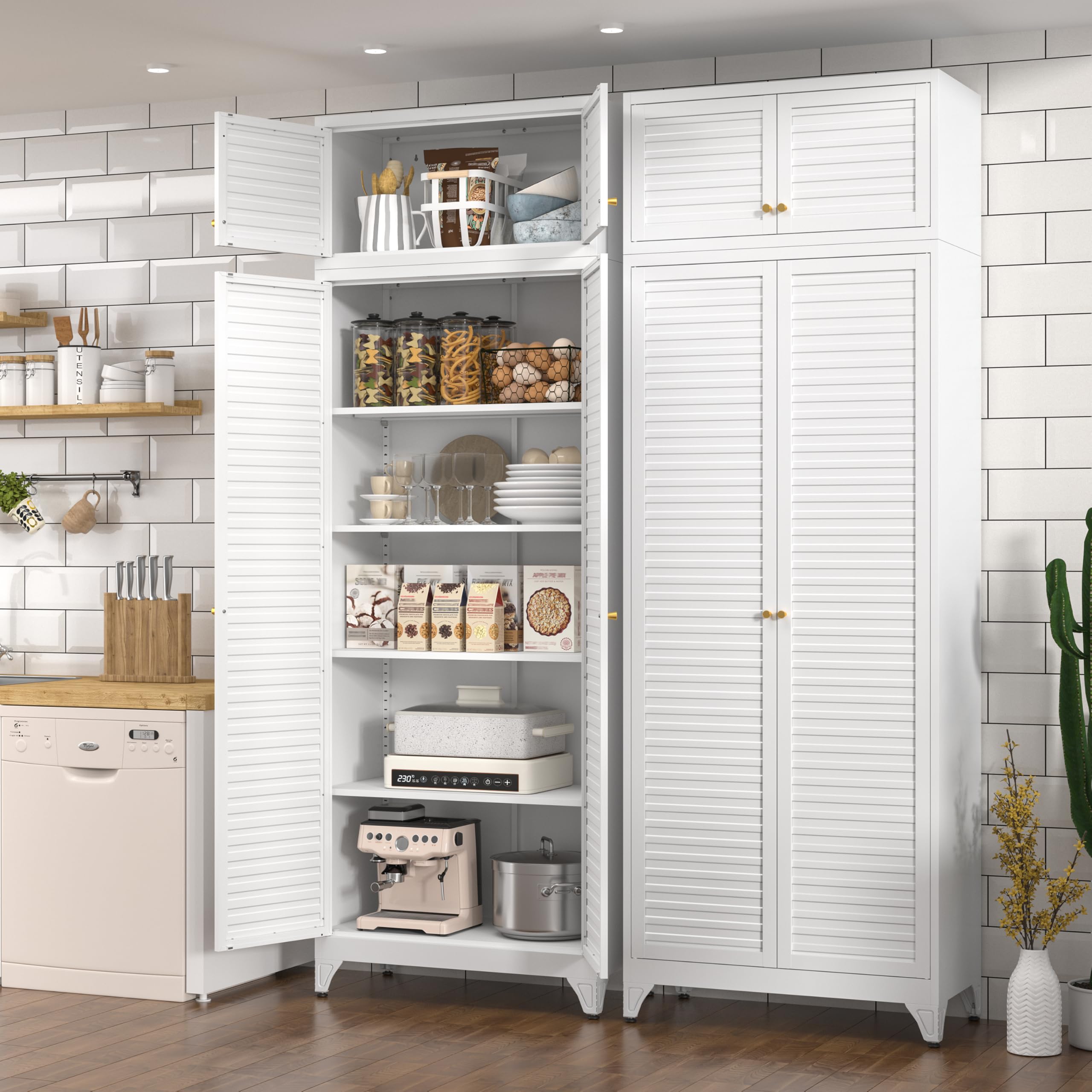 Polup White Kitchen Pantry Cabinet, 71 Inch Tall Metal Storage Cabinet with Doors and Shelves, Pantry Cabinets for Kitchen Storage, Freestanding Cupboard for Living, Dining Room, Assemble Required
