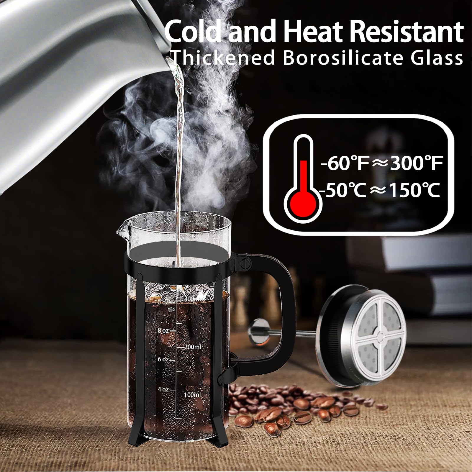 YMMIND French Press Coffee Maker 304 Stainless Steel Coffee Press,with 4 Filters System, Heat Resistant Thickness Borosilicate French Press Glass, BPA-Free Brewed Tea Pot Coffee Plunger(Copper 12oz)