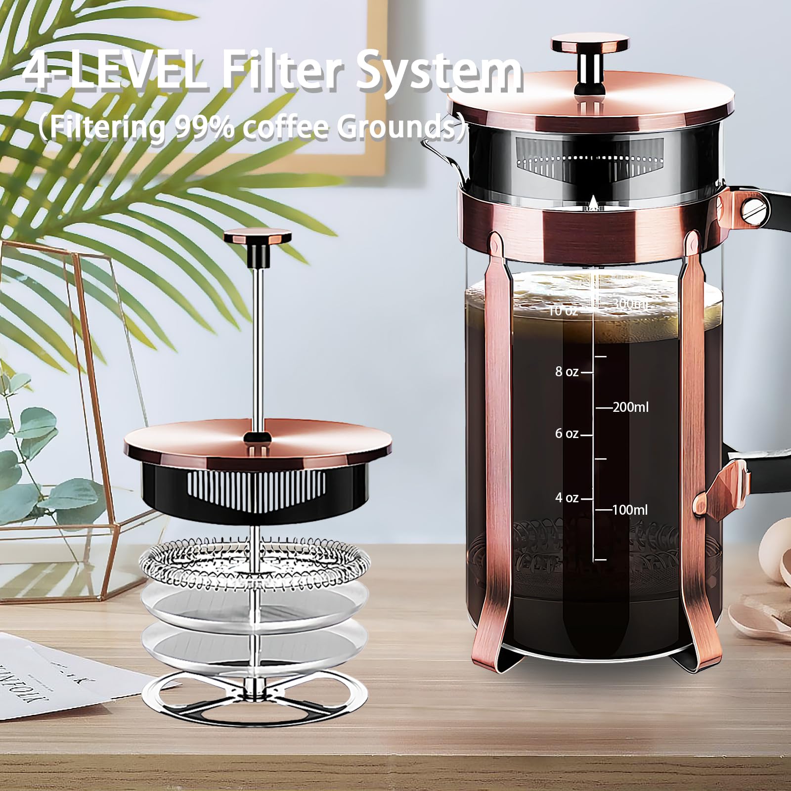 YMMIND French Press Coffee Maker 304 Stainless Steel Coffee Press,with 4 Filters System, Heat Resistant Thickness Borosilicate French Press Glass, BPA-Free Brewed Tea Pot Coffee Plunger(Copper 12oz)