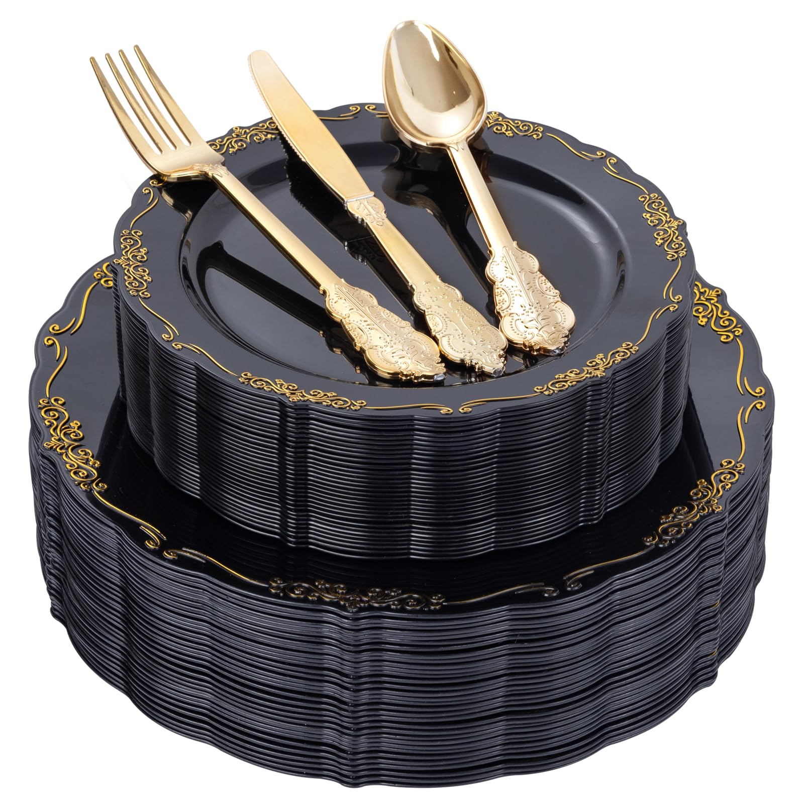 DaYammi 150Pcs Ivory Plastic Plates with Gold Rim,Disposable Plastic Plates Include 30 Dinner Plate,30 Salad Plate,30 Forks,30 Spoons,30 Knives,Ivory and Gold Plates for Party,Wedding,Mother's Day