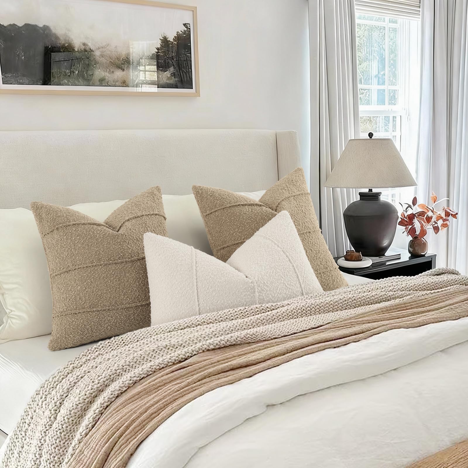 YCOLL Textured Boucle Throw Pillow Covers 20x20 Pack of 2 - Soft Neutral Striped Cushion Covers, Cozy Accent Decorative Pillow Covers for Couch, Sofa, Bed, Living Room (Beige)