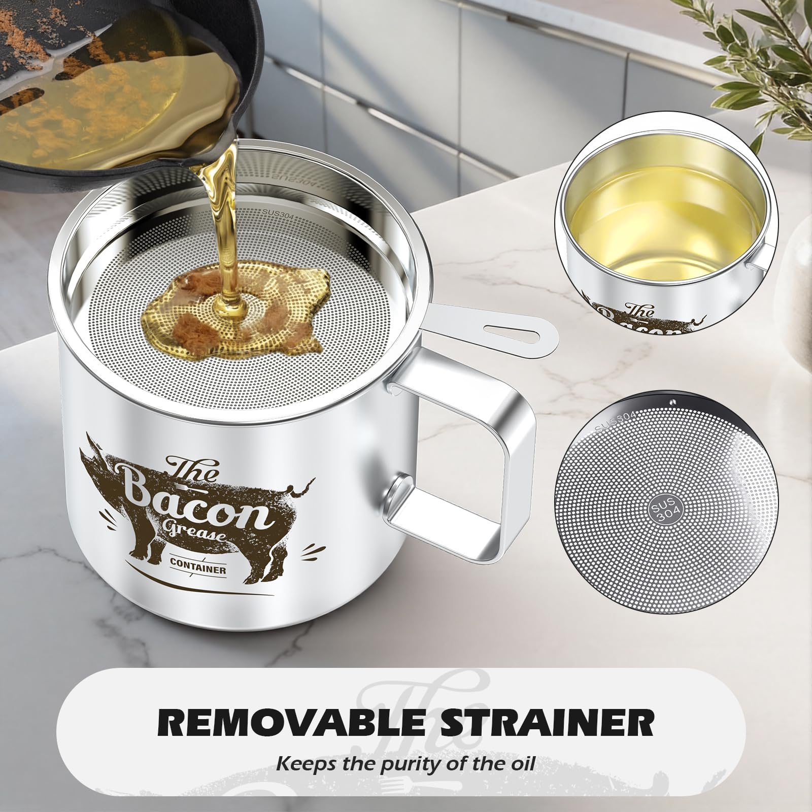 PGYARD Mini Bacon Grease Saver With Strainer - 20 OZ Stainless Steel Oil Container, Farmhouse Bacon Grease Keeper For Kitchen Fat Storage, Dishwasher Safe-Silver