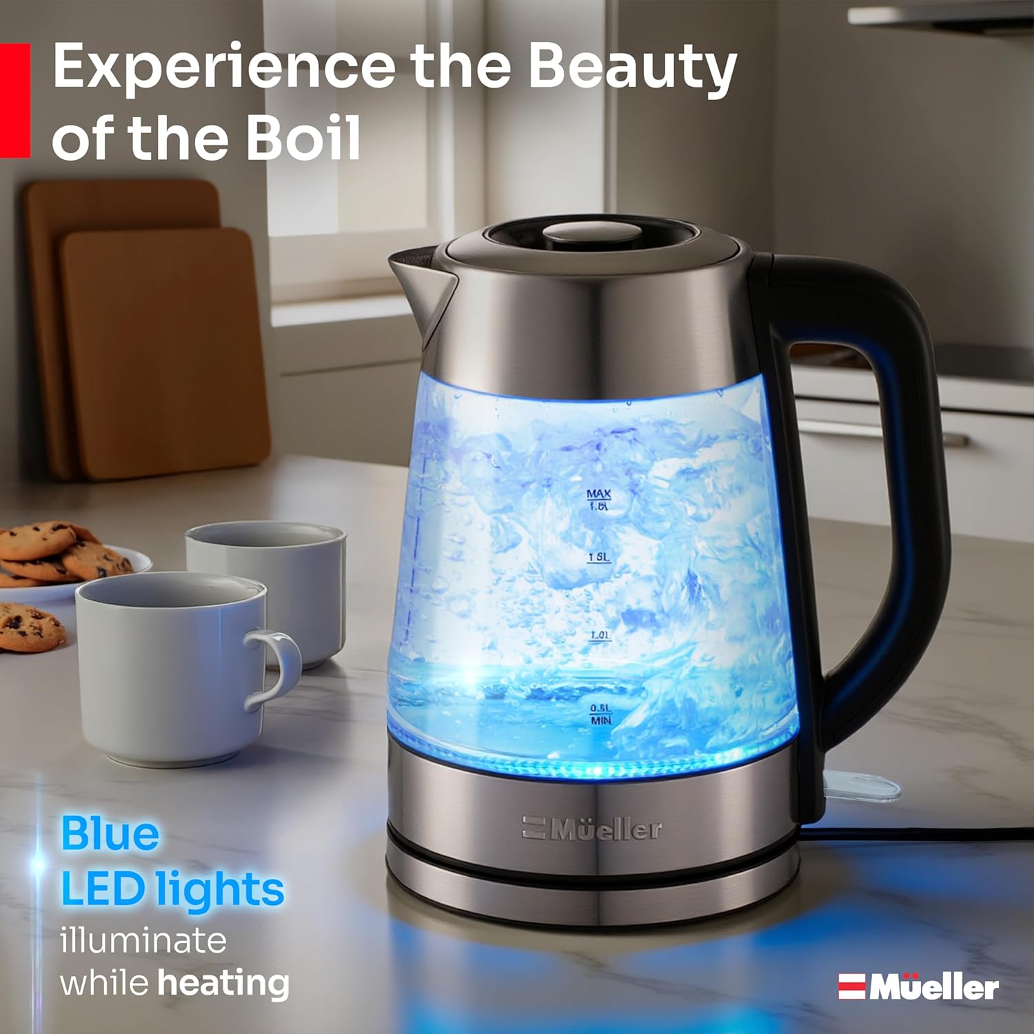 Mueller Rapid Boil Electric Tea Kettle 1.8L – Borosilicate Glass & Stainless Steel – BPA-Free Hot Water Boiler, LED Light, Auto Shut-Off, Boil Dry Protection Fast Water Heater – Kitchen Appliances