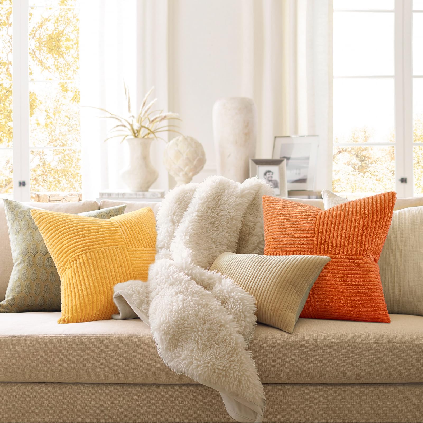 Topfinel SageGreen Throw Pillow Covers 18X18 Inch Set of 4,Boho Farmhouse Cozy Cushion Cover with Corduroy,Soft Accent Forest Green Pillow Covers for Couch,Bed,Living Room Home Decor