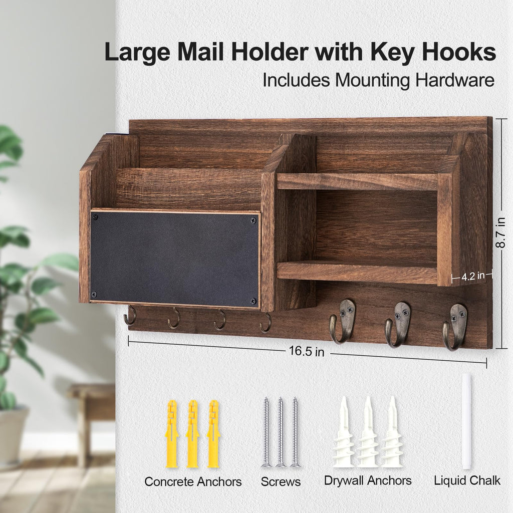 Mail and Key Holder – Wall Mount Key Hanger with Shelf and 7 Metal Hooks – Decorative Natural Paulownia Wood Entryway Organizer with Mounting Hardware (16.5”W x 8.7”H x 3.5”D) (Brown)