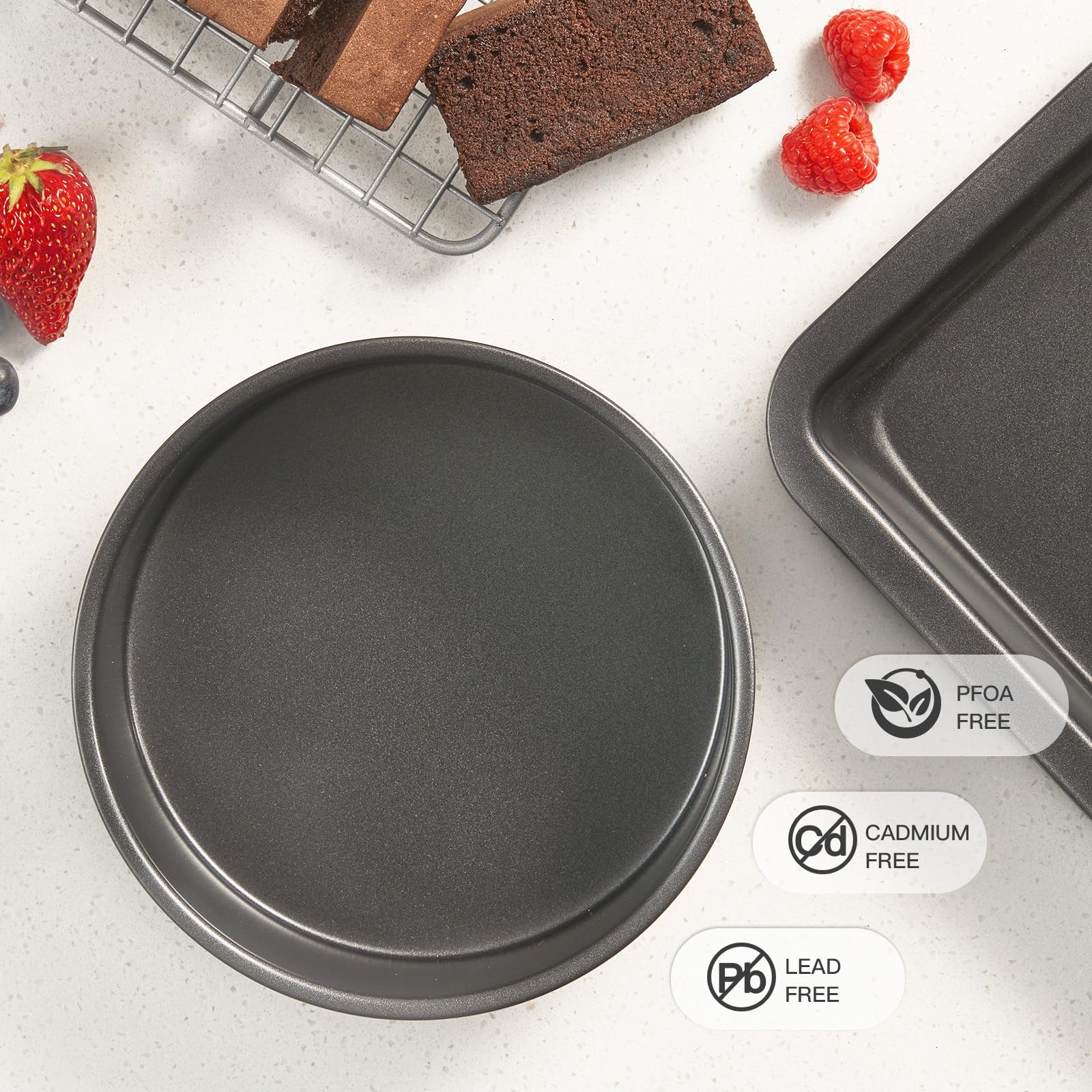 HONGBAKE 8x8 Cake Baking Pan Set, Nonstick Square Brownie Pans with Wider Grips, 2 Pieces, Heavy Duty, Grey