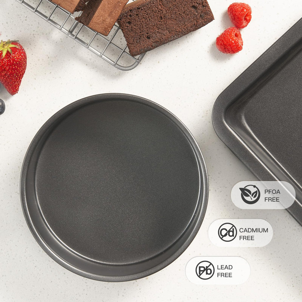 HONGBAKE 8x8 Cake Baking Pan Set, Nonstick Square Brownie Pans with Wider Grips, 2 Pieces, Heavy Duty, Grey
