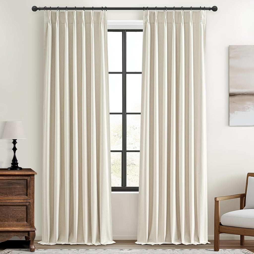 Natural Linen Pinch Pleated Blackout Curtains & Drapes 96 Inch Long Bedroom/Livingroom Farmhouse Curtains 2 Panel Sets, Neutral Track Room Darkening Thermal Insulated 8ft Back Tab Window Curtain
