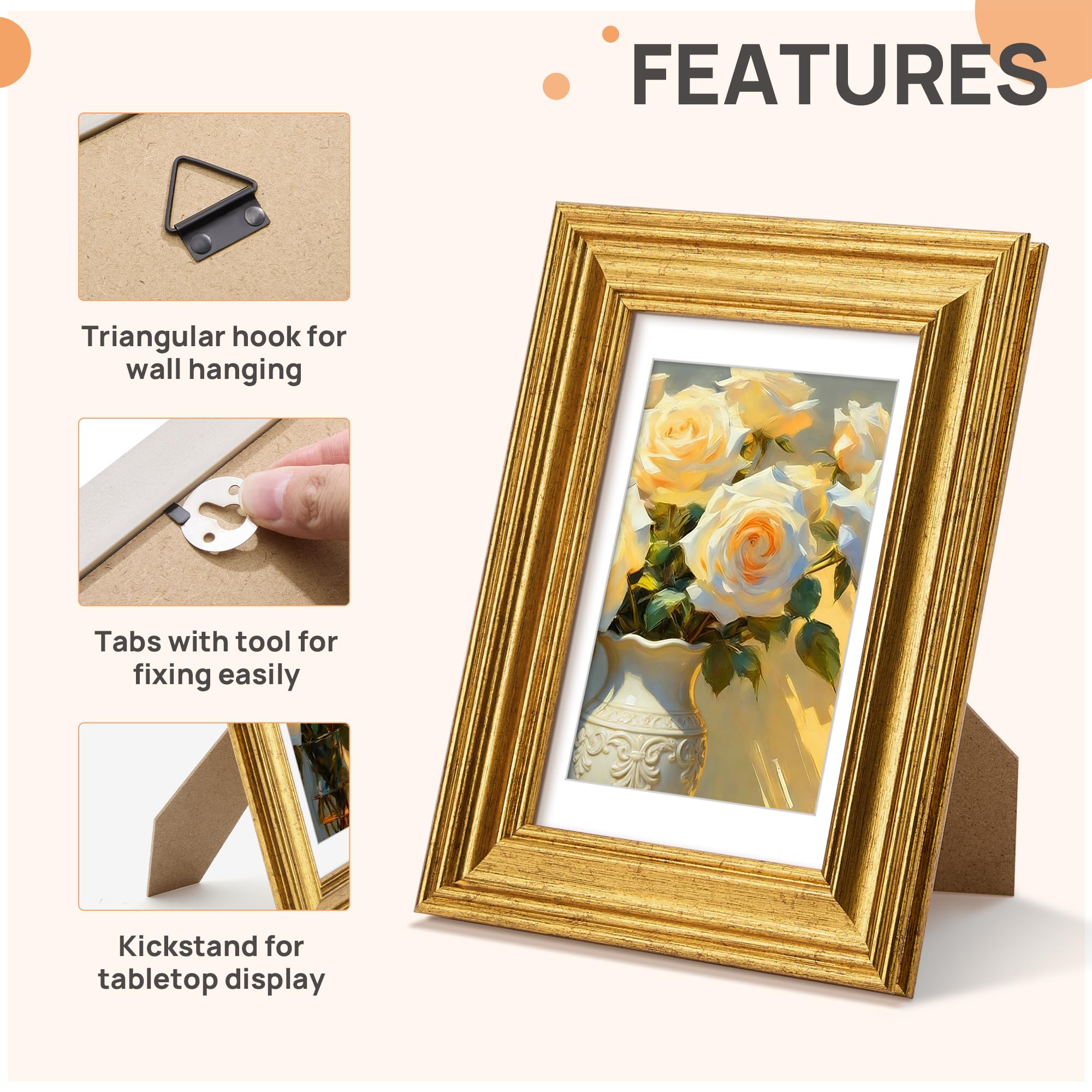 upsimples Vintage 8x10 Picture Frame, Antique Gold Frames Display 5x7 with Mat or 8 x 10 Without for Wall or Tabletop Decor, 1pack