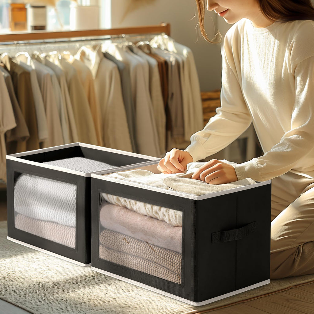 Homsorout Storage Bins with Lids - Fabric Closet Storage Bins with Window, Collapsible Baskets for Shelves 4 Pack, Home Decorative Boxes for Clothes, Closet, Office, Grey