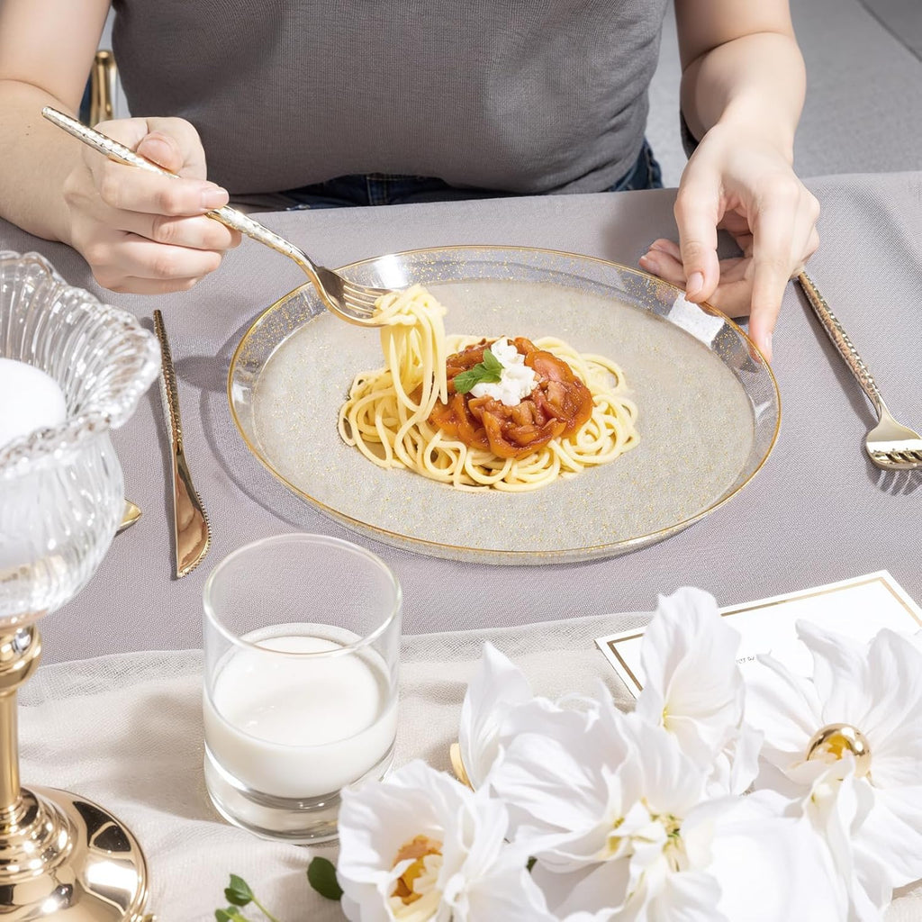DaYammi 60PCS Gold Plastic Plates- Gold Disposable Platos,gold Party plate Include:30 Glitter plastic Dinner plates 30 Dessert Plate for Party,Plastic Plates for Party & Wedding