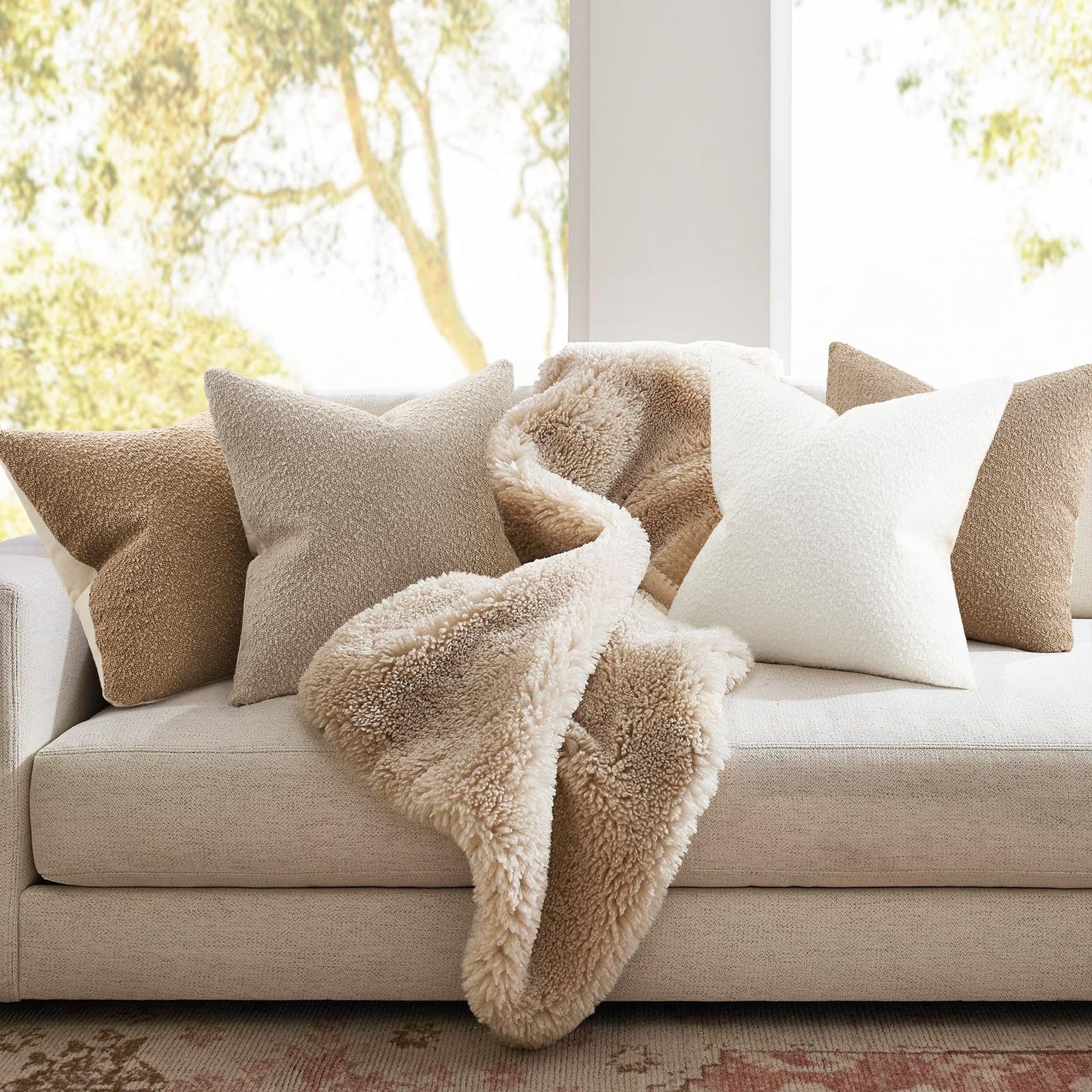 Topfinel Boucle Decorative Pillow Covers 18x18 Inches Set of 4 Neutral Cream Ivory White Pillowcase with Linen Cotton Back Chair Sofa Modern & Minimal Living Room Spring Home Decor
