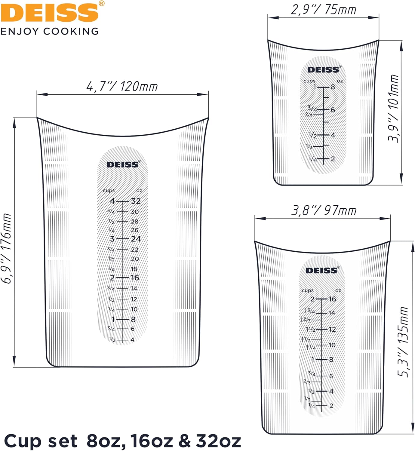 Deiss PRO 3 Piece Silicone Measuring Cup Set - Versatile & Durable, Easy-Pour Spout, Non-Stick for Easy Clean, Heat-Resistant - Squeeze & Pour Liquid Measuring Cups - Ideal for Baking, Cooking, Resin