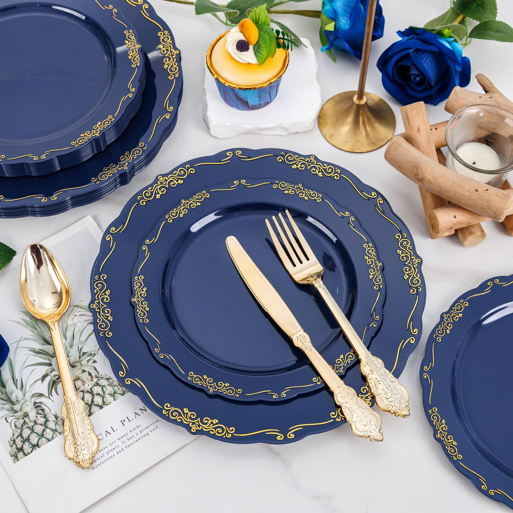 DaYammi 150Pcs Ivory Plastic Plates with Gold Rim,Disposable Plastic Plates Include 30 Dinner Plate,30 Salad Plate,30 Forks,30 Spoons,30 Knives,Ivory and Gold Plates for Party,Wedding,Mother's Day