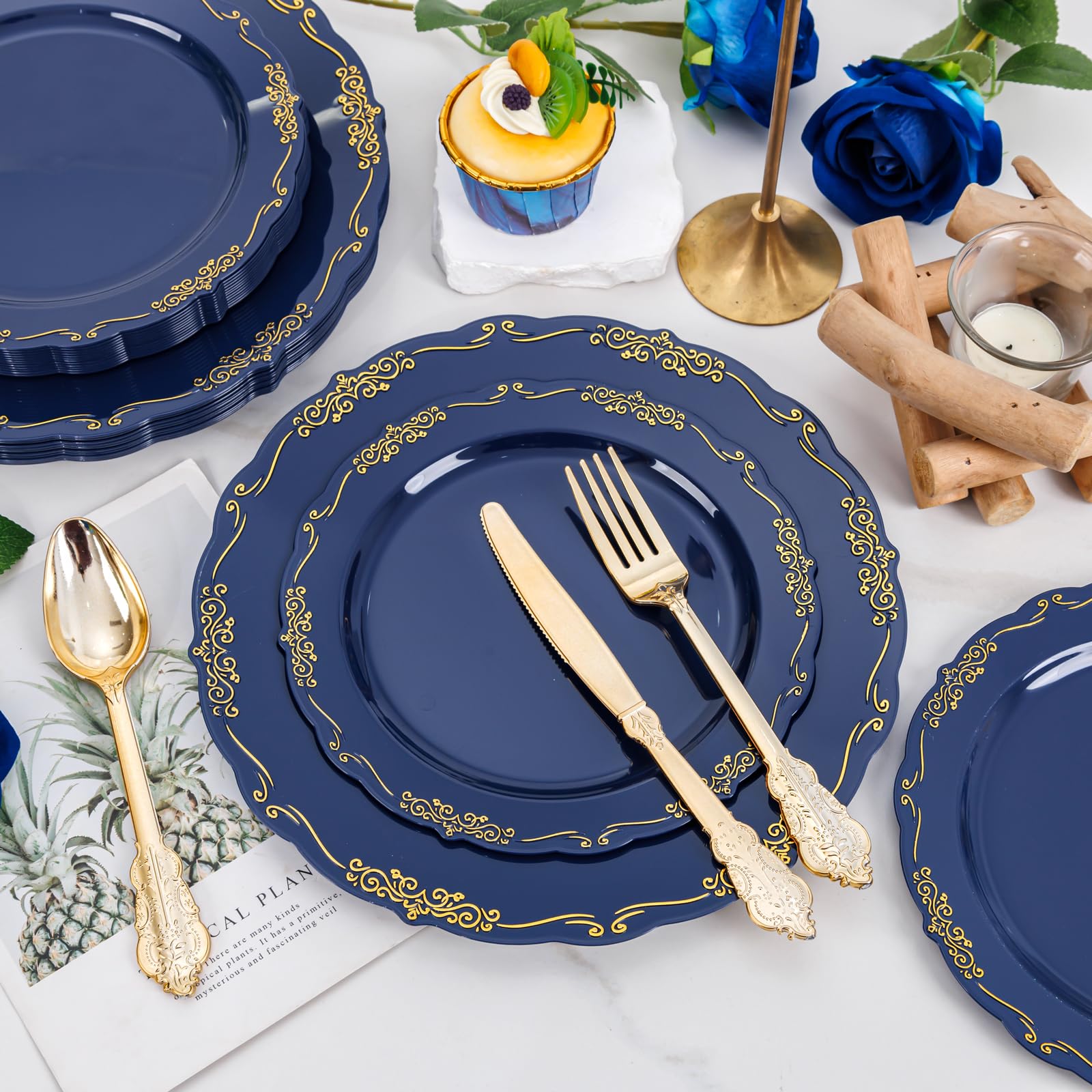 DaYammi 150Pcs Ivory Plastic Plates with Gold Rim,Disposable Plastic Plates Include 30 Dinner Plate,30 Salad Plate,30 Forks,30 Spoons,30 Knives,Ivory and Gold Plates for Party,Wedding,Mother's Day