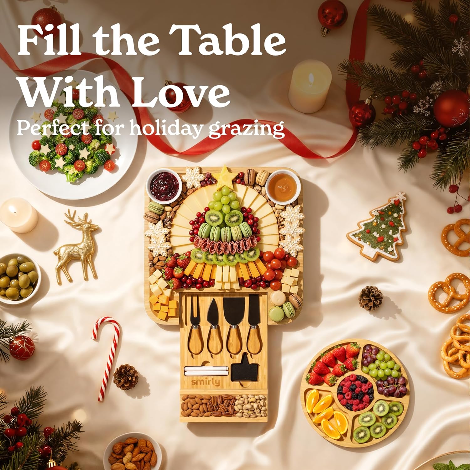 SMIRLY Charcuterie Large Bamboo Cheese Board Set for Serving - House Warming Gifts for New Home, Wedding, Bridal Shower & Birthday, for Women