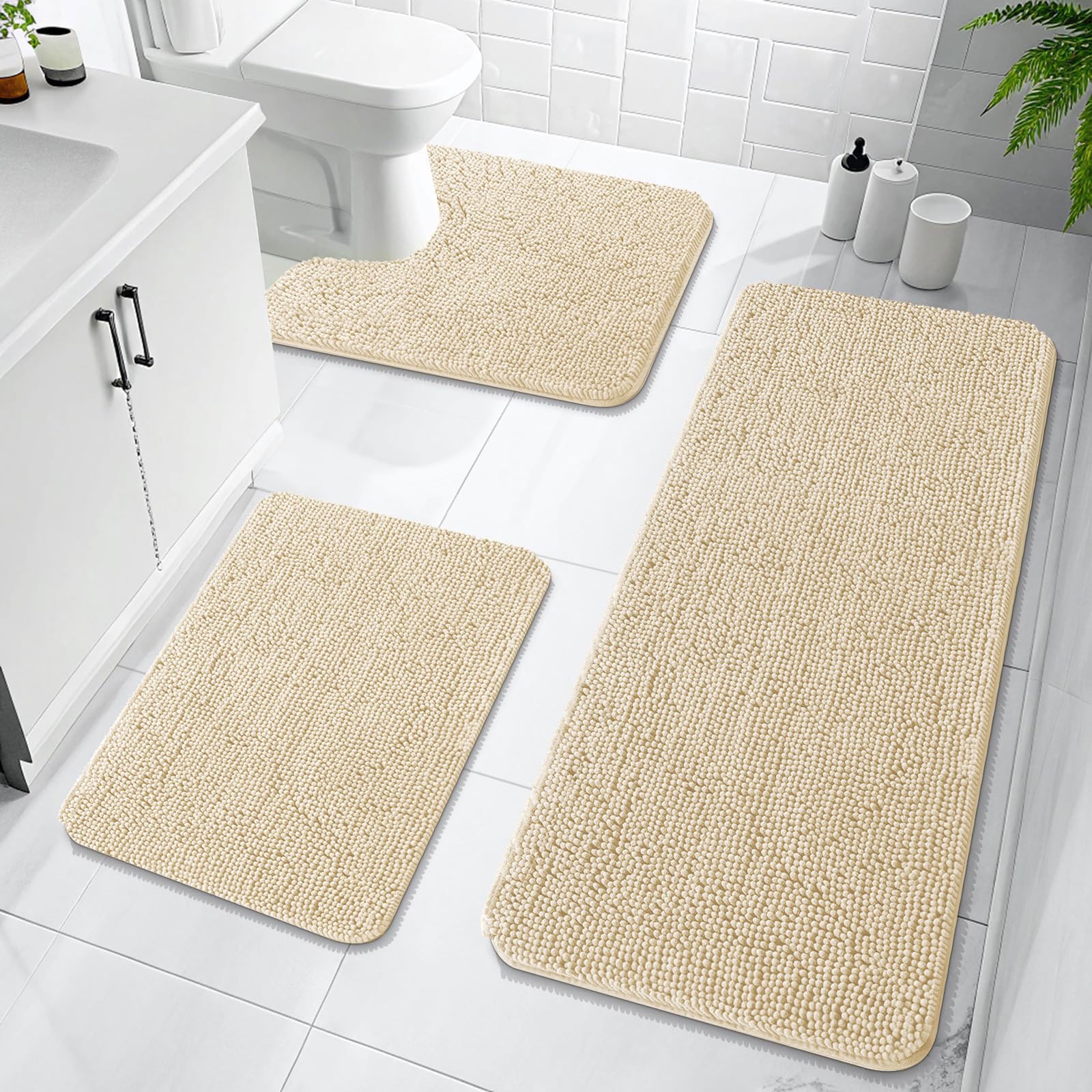 OLANLY Bathroom Rugs Sets 3 Piece, Soft Absorbent Chenille Bath Mats and U-Shaped Contour Toilet Rug, Quick Dry, Home Decor Accessories, Bath Mat Set for Bathroom (30"x20"+24"x16"+24"x20", Grey)