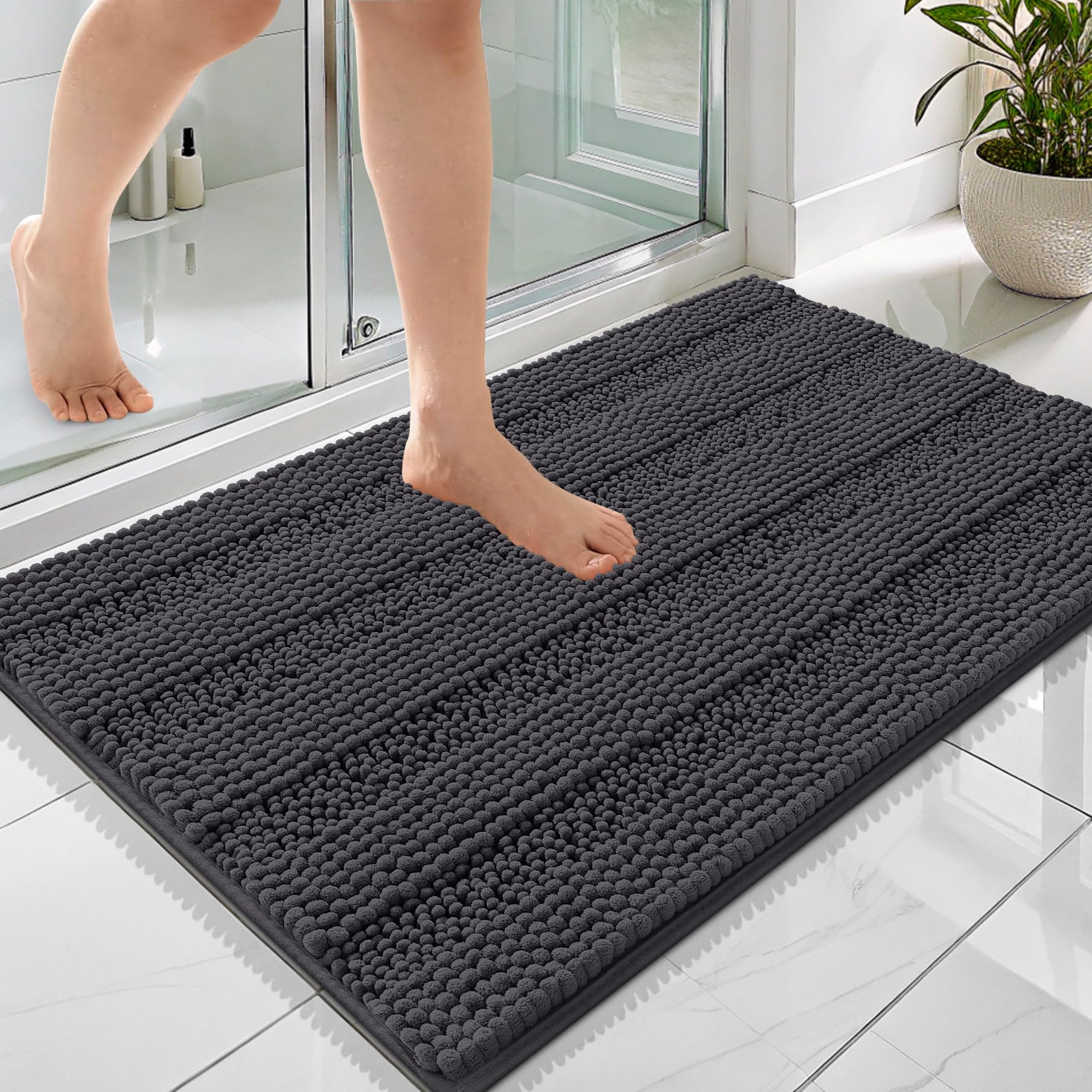 OLANLY Thick Bathroom Rugs 30x20, Extra Soft Absorbent Chenille Striped Bath Rugs, Rubber Backing, Machine Wash Dry, Bath Mats for Bathroom Floor, Tub and Shower, Home Decor Accessories, Grey