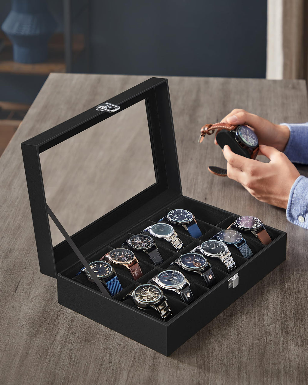 SONGMICS Watch Box, 12-Slot Watch Case Organizer with Large Glass Lid, Removable Pillows, Gift for Loved Ones, Black Synthetic Leather, Gray Lining UJWB12BK