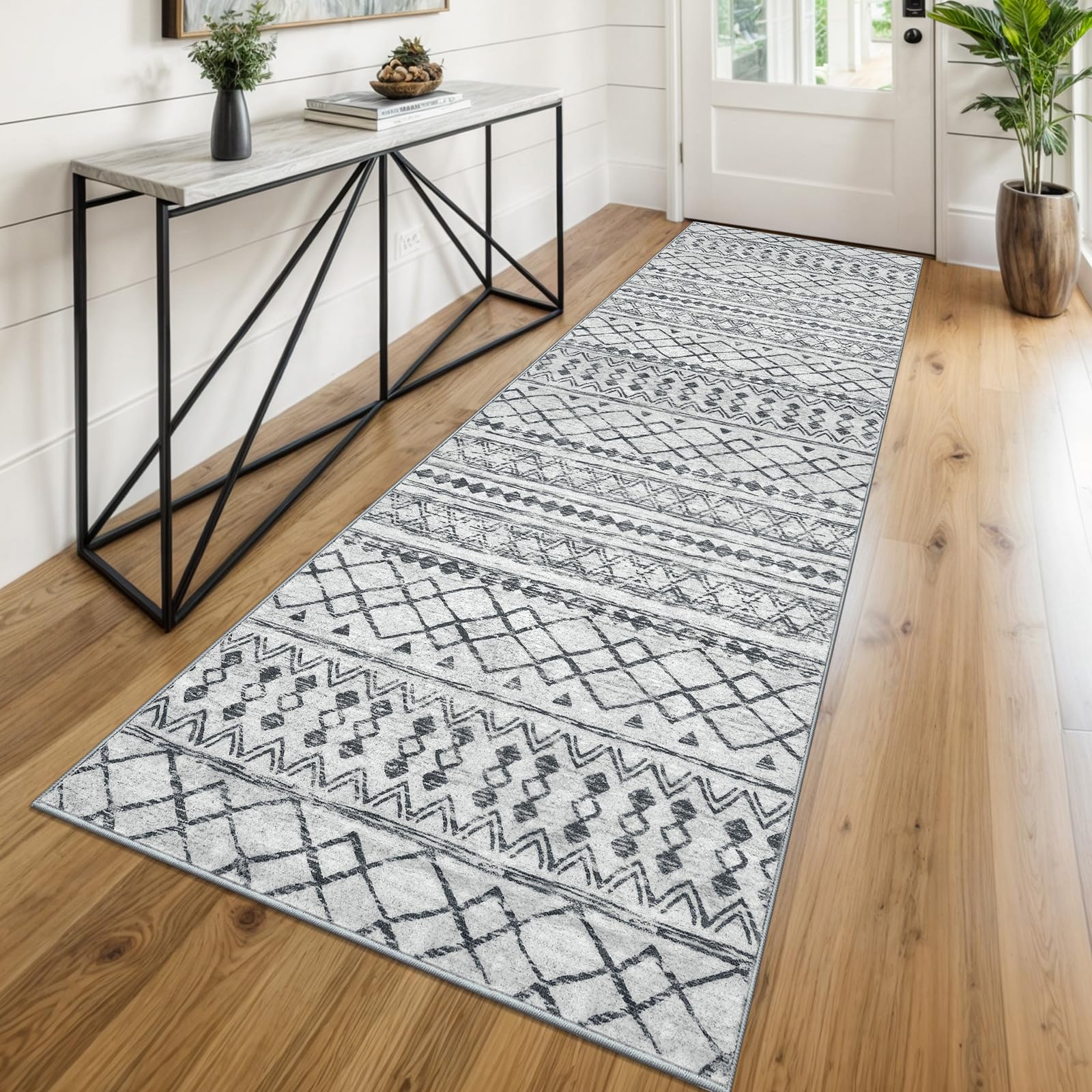 KUTA Washable Non-Slip Rugs for Entryway 2x3, Grey Moroccan Boho Small Area Rug, Ultra Soft Vintage Geometric Low-Pile Indoor Door Mat Floor Carpet for Indoor, Entrance, Kitchen, Bathroom, Bedroom
