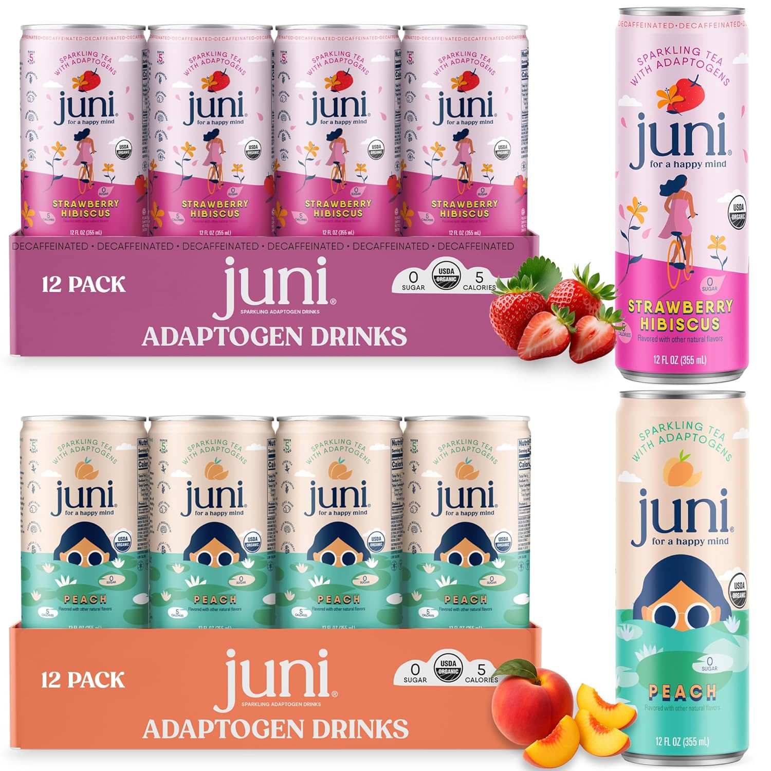 Juni Sparkling Adaptogen Drinks with Ashwagandha, Lion's Mane & Reishi Mushrooms | Zero Sugar, 5 Calories | Strawberry Hibiscus and Peach 24 Pack
