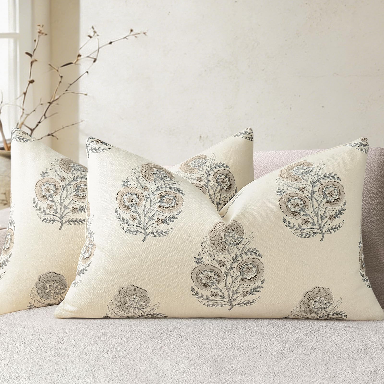 YCOLL Vintage Floral Print Pillow Covers 18x18 Set of 2 Patterned Accent Decorative Cushion Covers Modern Farmhouse Throw Pillow Covers for Sofa Couch Chair Bed Living Room Home Decor, Light Blue