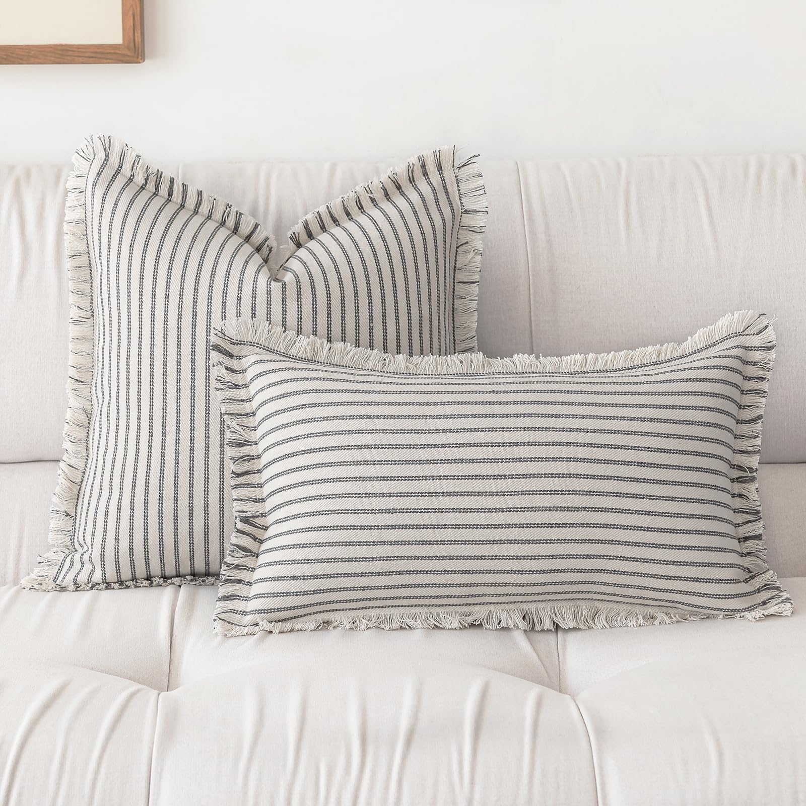 YEENAASY Throw Pillow Covers 20x20 Set of 2 Striped Fringe Pillow Cover Farmhouse Cushion Covers with Tassel Neutral Boho Pillows Decorative Square Pillowcase for Couch Sofa Bed, Black
