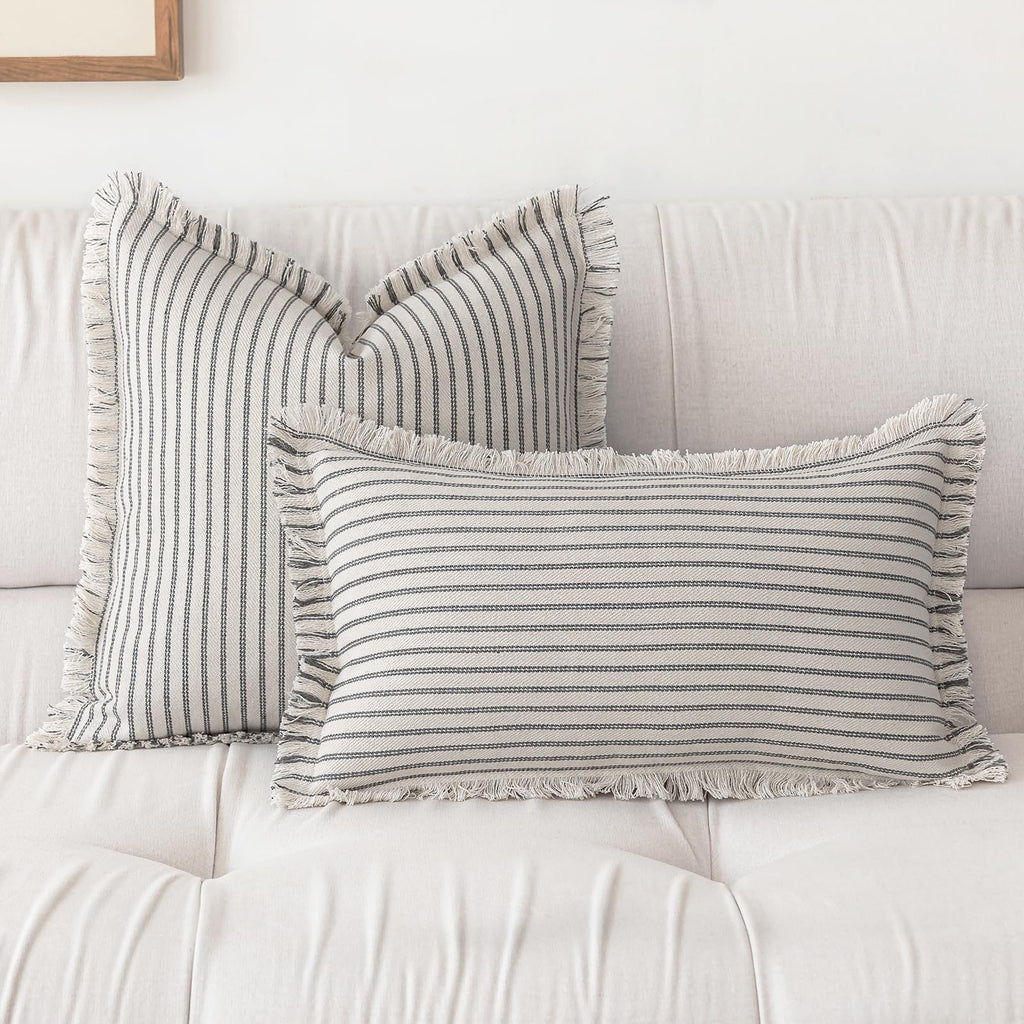 YEENAASY Throw Pillow Covers 20x20 Set of 2 Striped Fringe Pillow Cover Farmhouse Cushion Covers with Tassel Neutral Boho Pillows Decorative Square Pillowcase for Couch Sofa Bed, Black