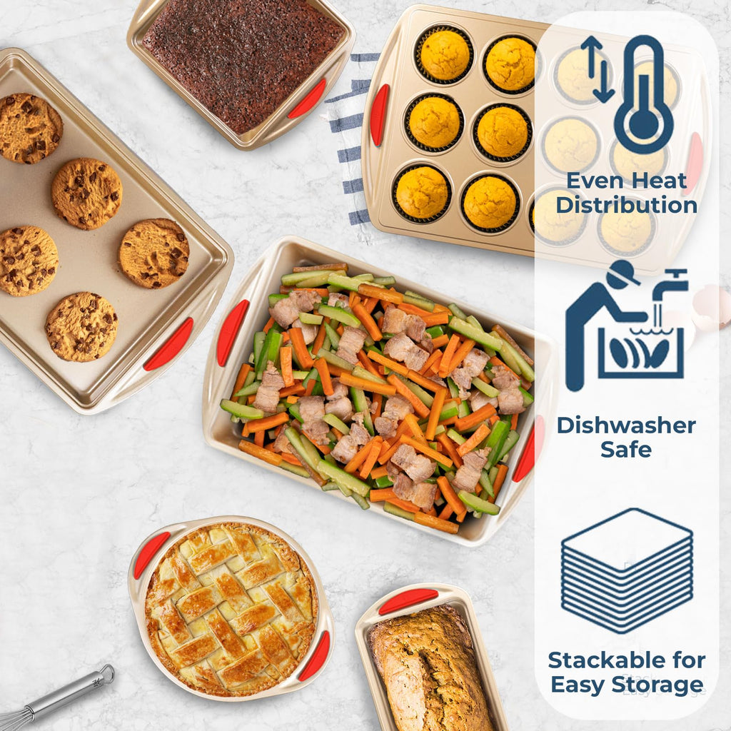 Perlli Baking Kit: Nonstick Gold Steel Oven Set - 10 Pieces, Cookie Sheets, Cake Pans, 9x13Pan with Lid, Loaf & Deep Pans, Pizza Crisper, Muffin Pan - Silicone Handles