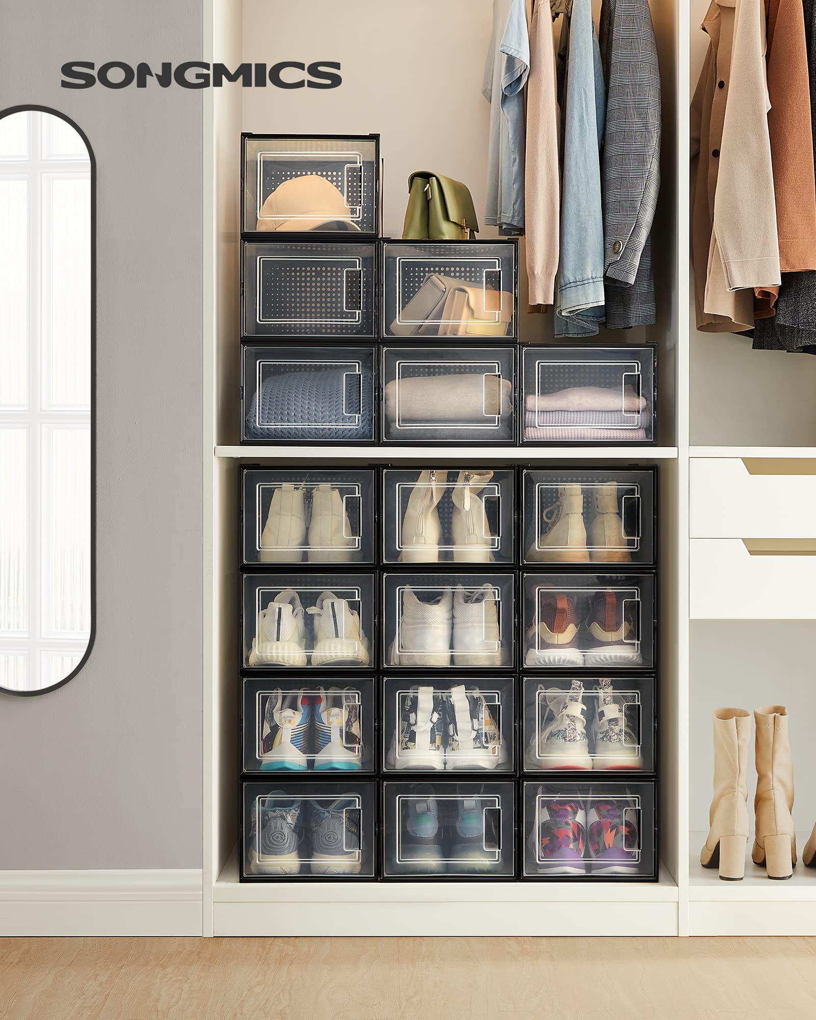 SONGMICS Shoe Boxes, Pack of 12 Shoe Storage Organizers, Stackable Clear Plastic Boxes for Closet, Sneakers, 13.1 x 9.1 x 5.6 Inches, Transparent and White ULSP12SWT