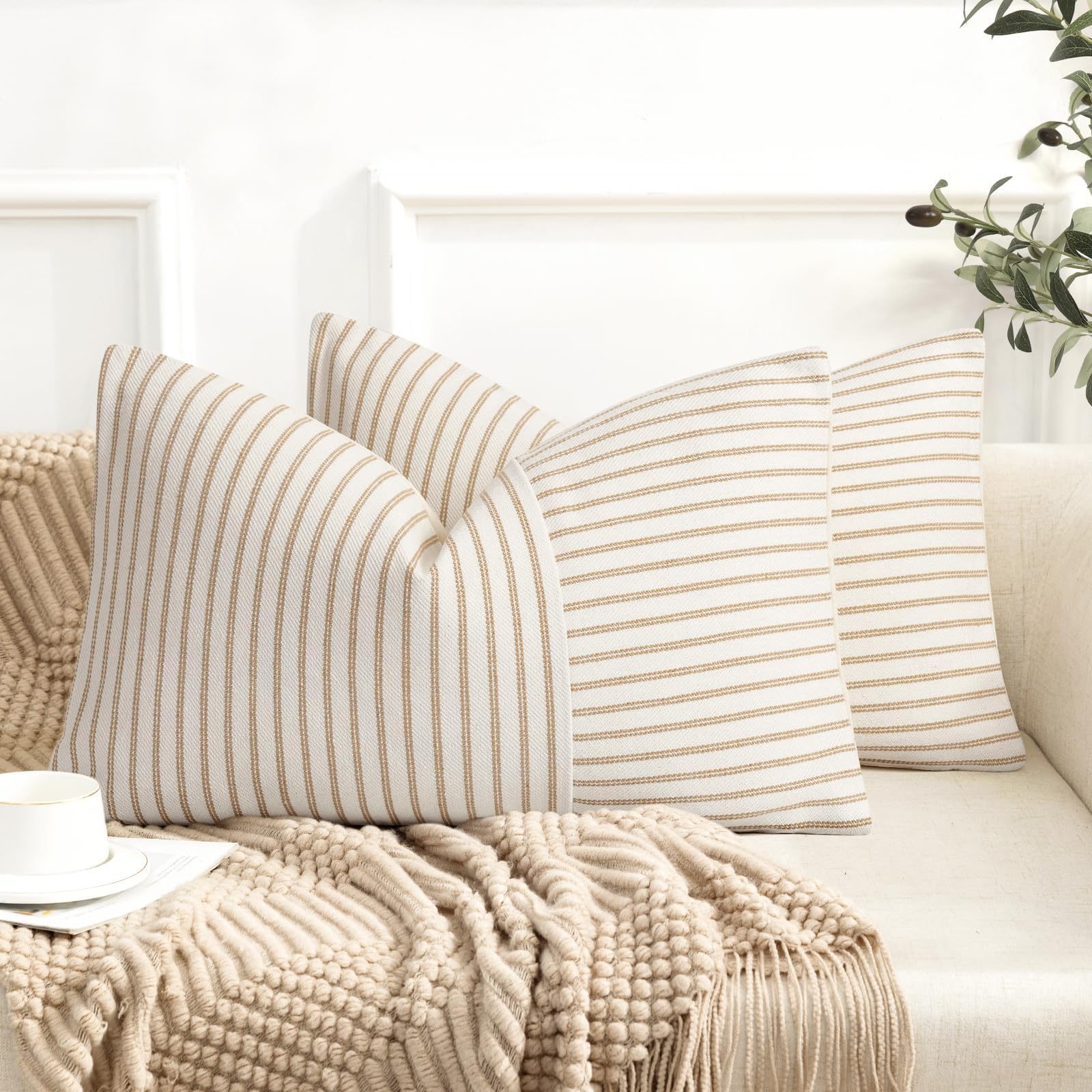 YCOLL Farmhouse Pillow Covers 18x18, Modern Accent Square Throw Pillow Covers Set of 2, Gray and Beige Striped Patchwork Linen Decorative Pillows Cushion Covers for Couch Chair Bedroom Home Decor