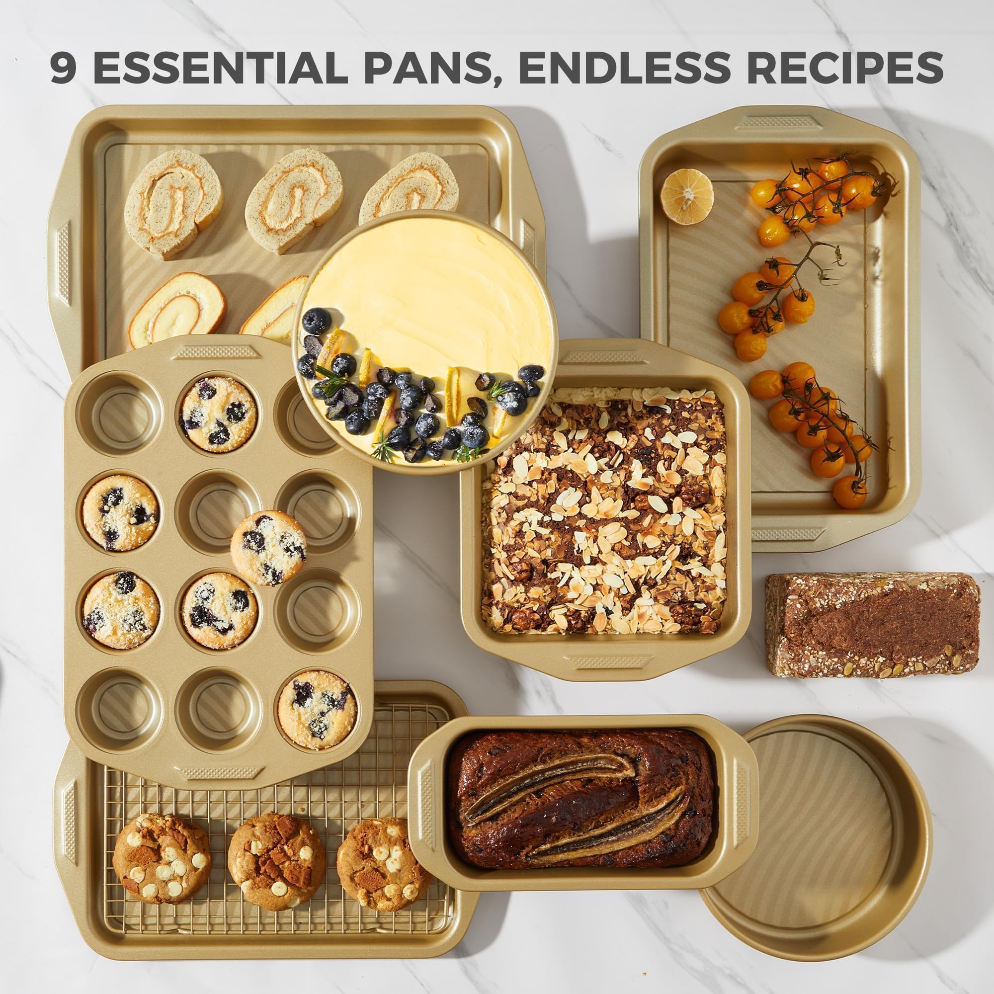 HONGBAKE 9-Piece Non Stick Baking Pans Set with Wave Texture for Reduced Oil, 0.8mm Thick Non Toxic Bakeware Sets, Includes Stackable Cookie Sheets for Oven Cooking, Cake Pan, Muffin Pan, Gold