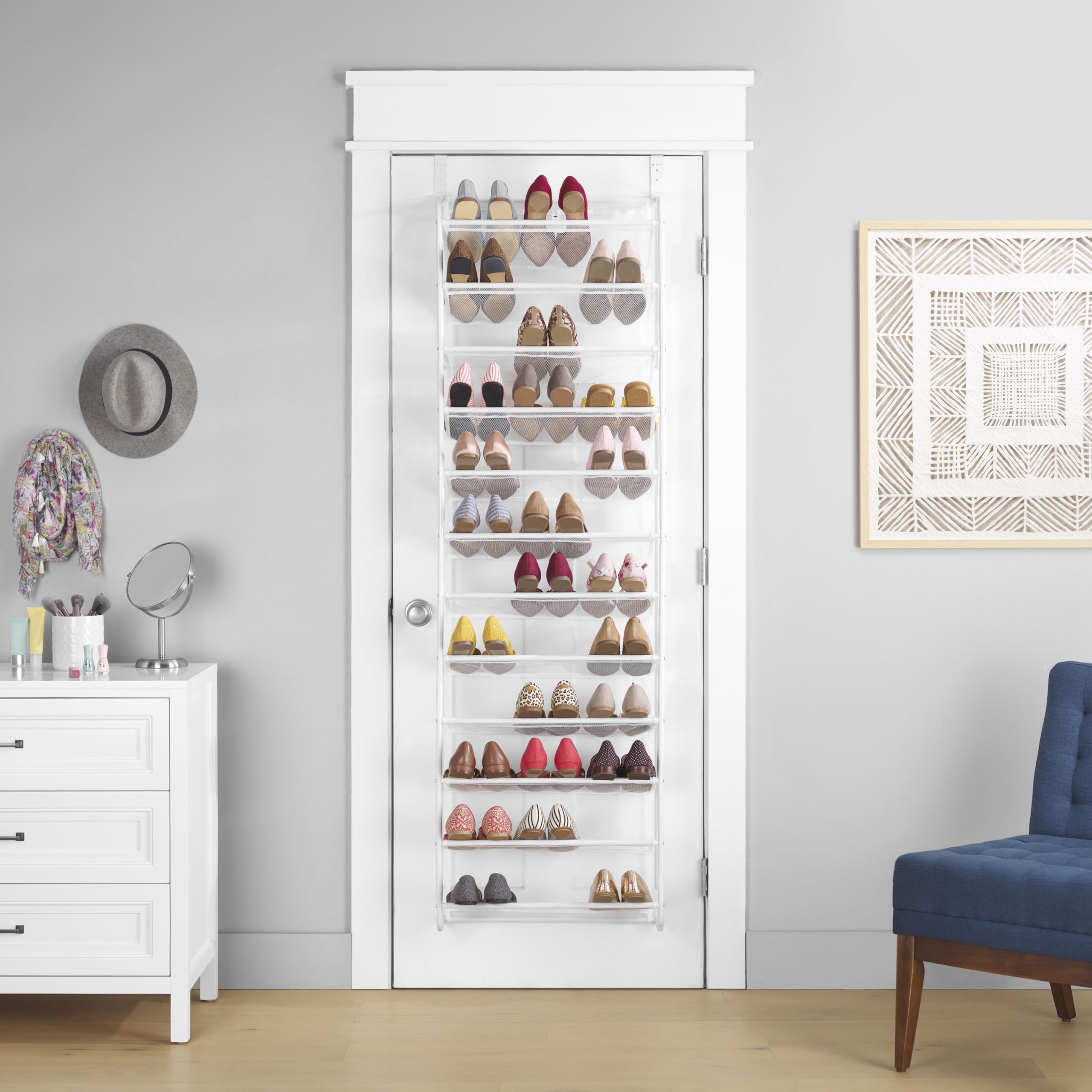 Whitmor 36 Pair Over the Door Shoe Organizer, 12 Tier Hanging Shoe Organizer, Heavy Duty Metal & Mesh Shoe Holder, Hanging Shoe Rack for Closet Organizer & Storage, 74"L x 21.7"W x 7.5"H, White