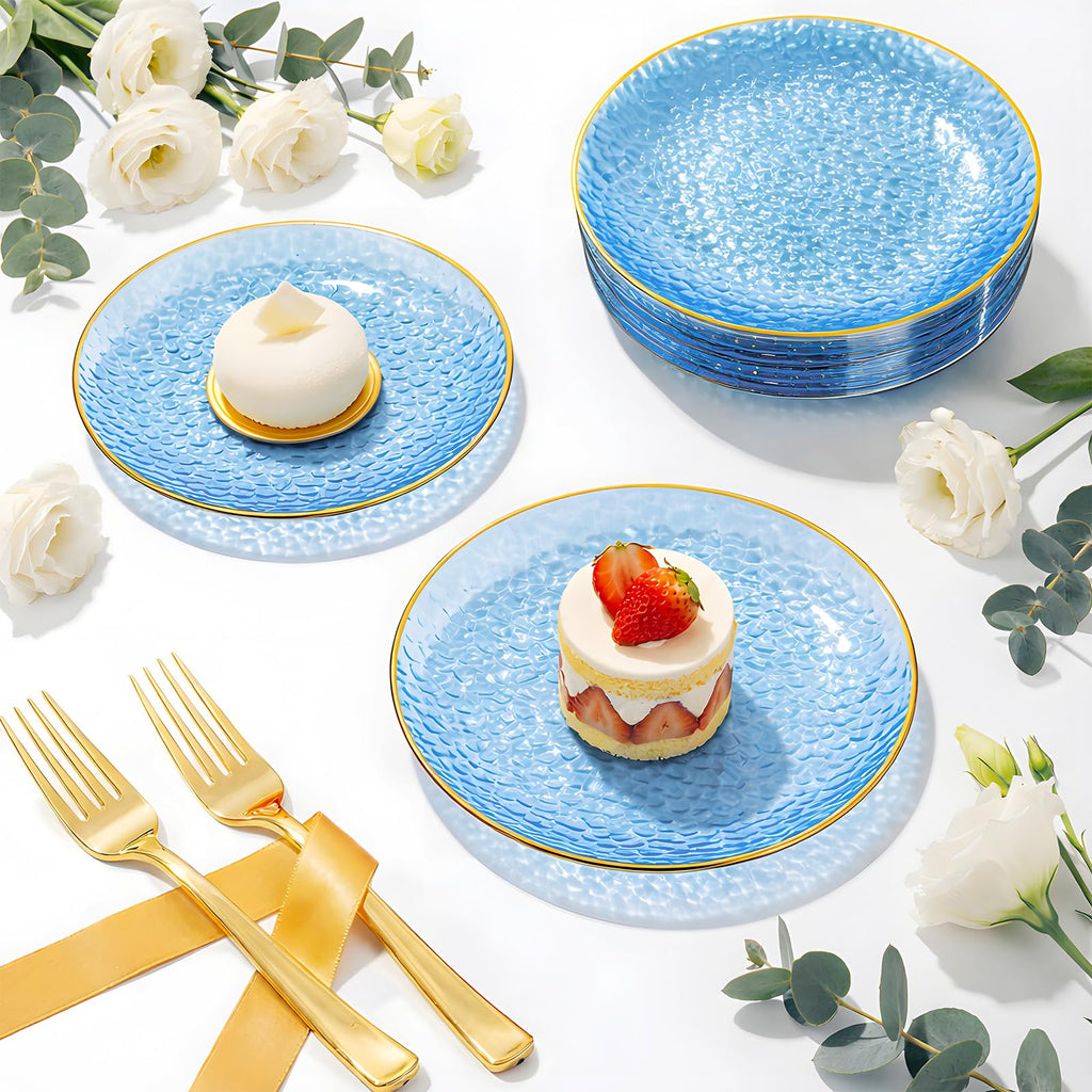 DaYammi 240Pcs Gold Plastic Plates Including 120Pcs Dessert Plates and 120Pcs Cake Forks,Hammered Party Plate,Clear Gold Appetizer plates Heavy duty Disposable Plastic Plate for Party Wedding Birthday