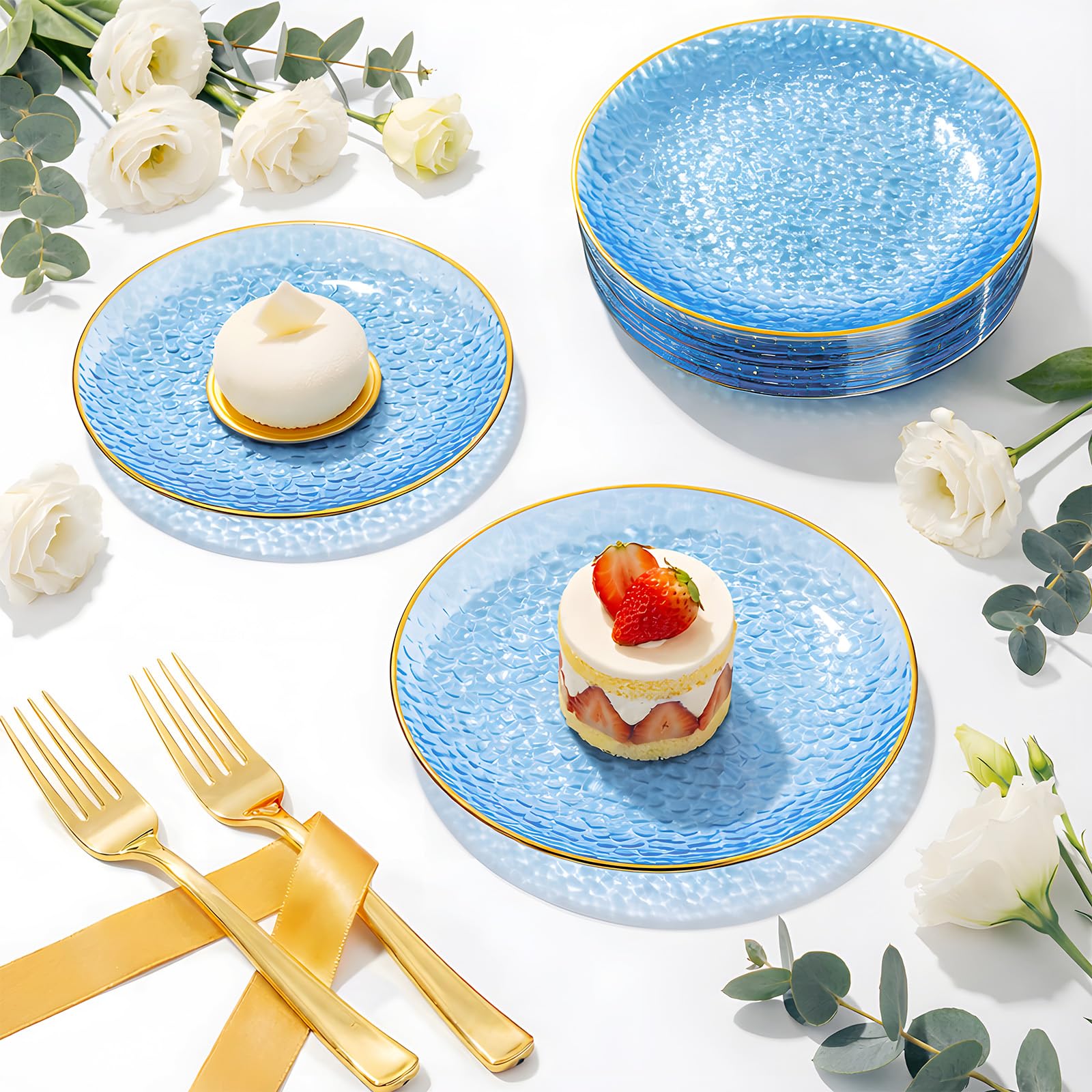 DaYammi 240Pcs Gold Plastic Plates Including 120Pcs Dessert Plates and 120Pcs Cake Forks,Hammered Party Plate,Clear Gold Appetizer plates Heavy duty Disposable Plastic Plate for Party Wedding Birthday