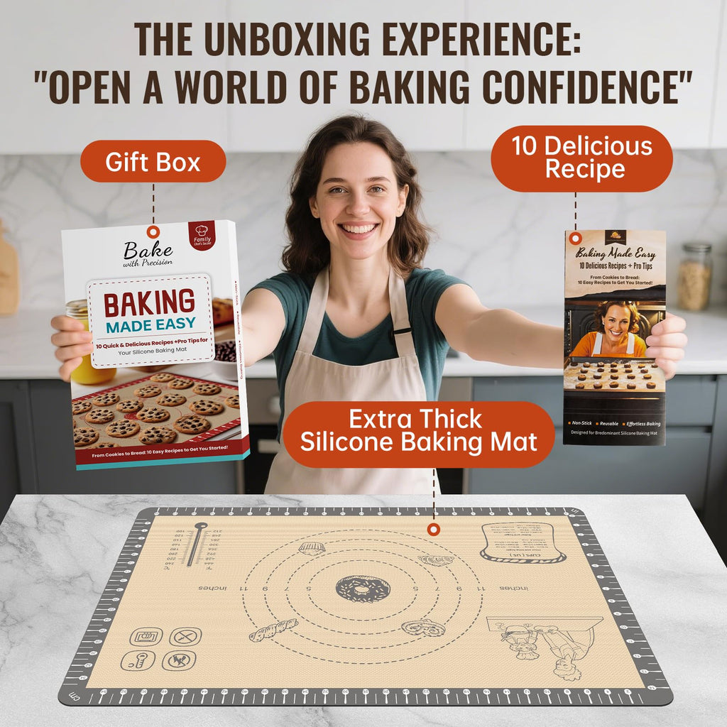 Silicone Baking Mat with Recipes, Extra Thick Silicone Mats for Baking, Non Stick Pastry Mat for Rolling Dough, Silicone Macaron Baking Mat for Cookie,Bread,Pizza,Fondant Mat, Oven&Dishwasher Safe
