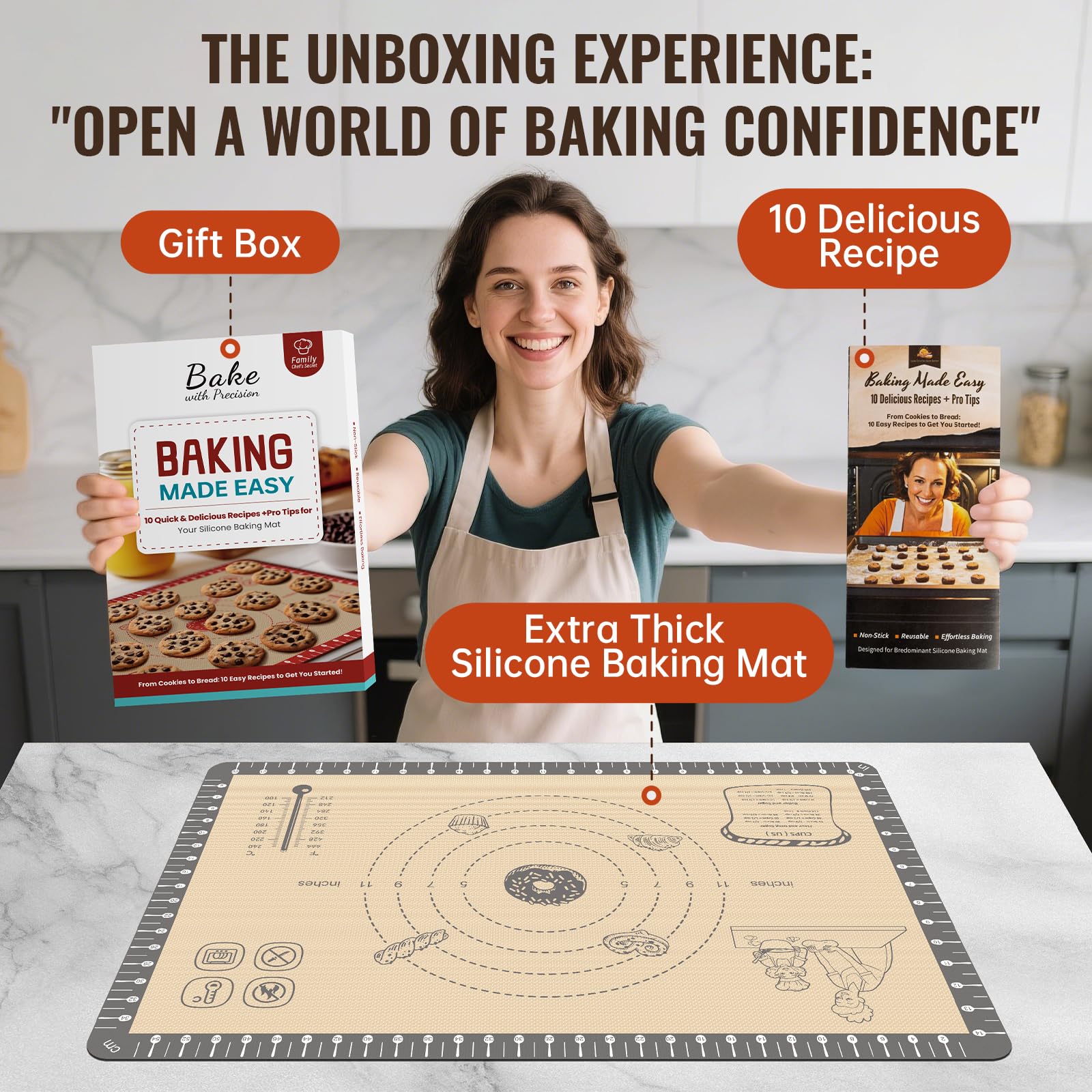 Silicone Baking Mat with Recipes, Extra Thick Silicone Mats for Baking, Non Stick Pastry Mat for Rolling Dough, Silicone Macaron Baking Mat for Cookie,Bread,Pizza,Fondant Mat, Oven&Dishwasher Safe