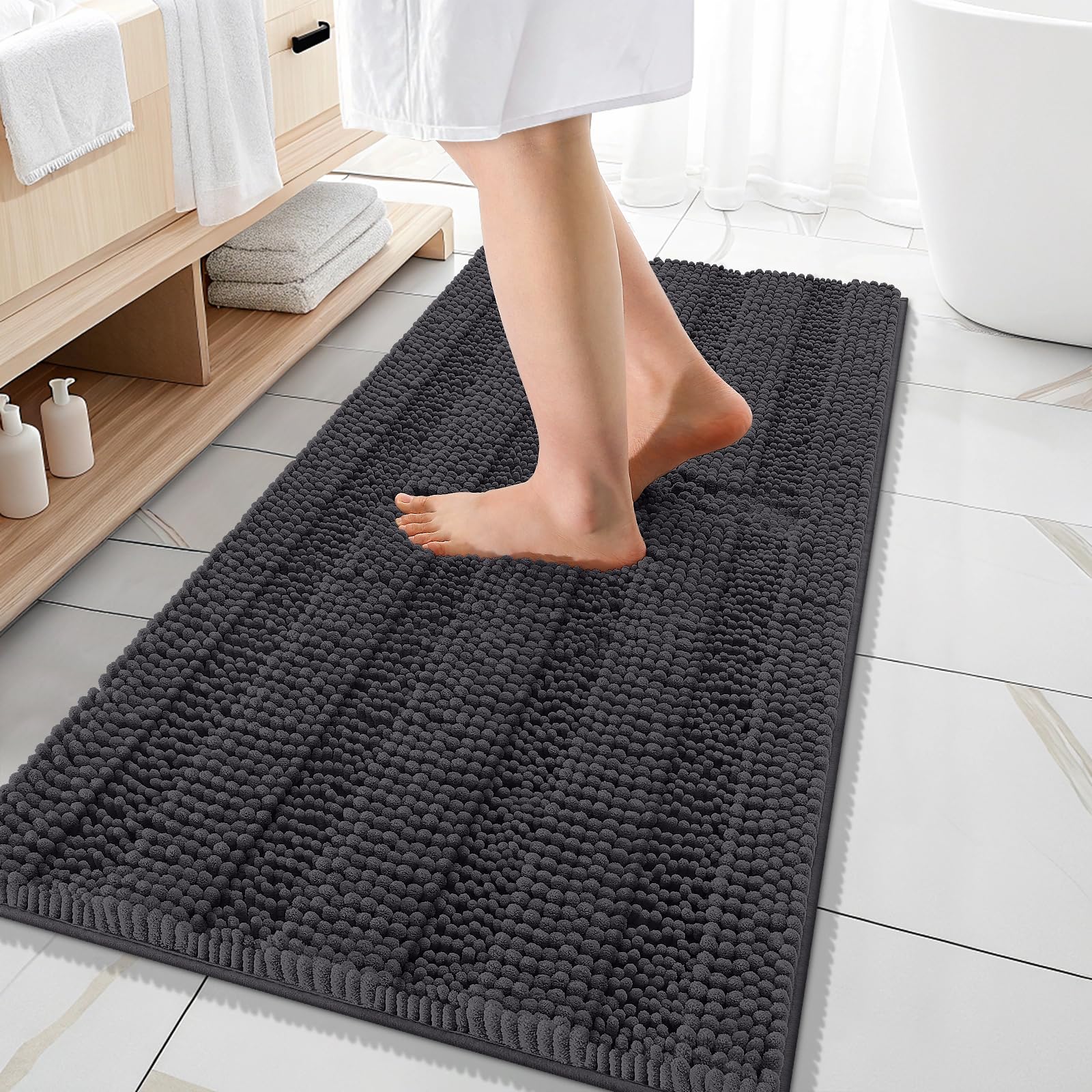 OLANLY Thick Bathroom Rugs 30x20, Extra Soft Absorbent Chenille Striped Bath Rugs, Rubber Backing, Machine Wash Dry, Bath Mats for Bathroom Floor, Tub and Shower, Home Decor Accessories, Grey