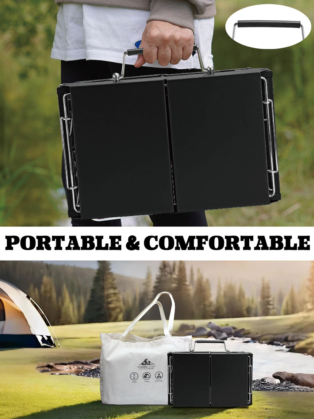 Charmline 14 x 9 inches Portable Charcoal BBQ Grill, Foldable Compact Camping Barbecue for 1–3 People, Ideal for Garden, Beach, Picnic & Tabletop Use, Green