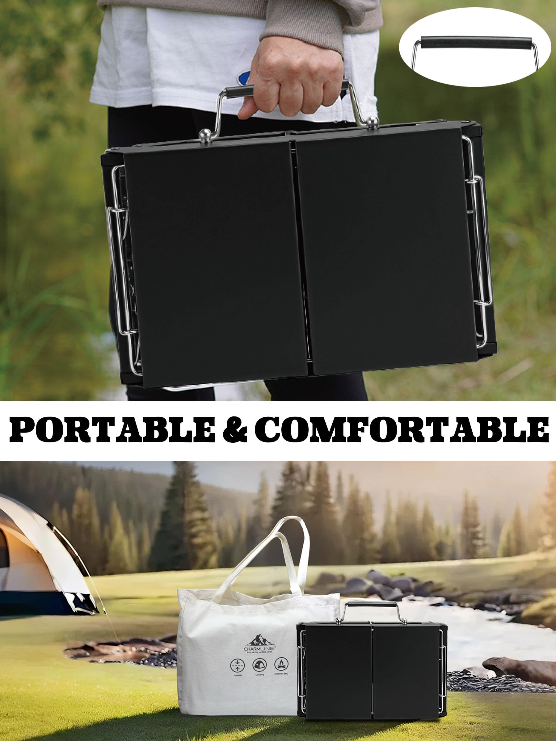 Charmline 14 x 9 inches Portable Charcoal BBQ Grill, Foldable Compact Camping Barbecue for 1–3 People, Ideal for Garden, Beach, Picnic & Tabletop Use, Green