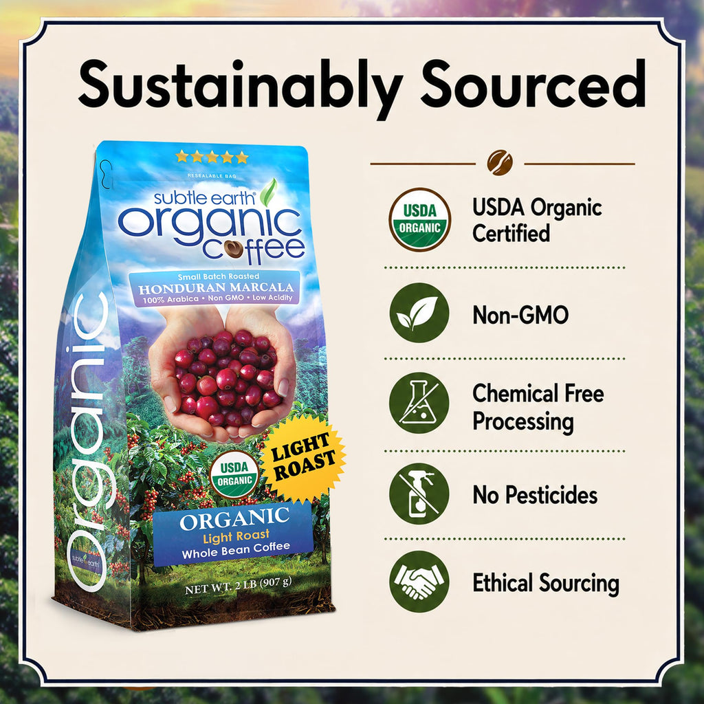 2LB Subtle Earth Organic Coffee - Dark Roast - Whole Bean Coffee - 100% Arabica Beans - Low Acidity and Non-GMO - 2lb bag