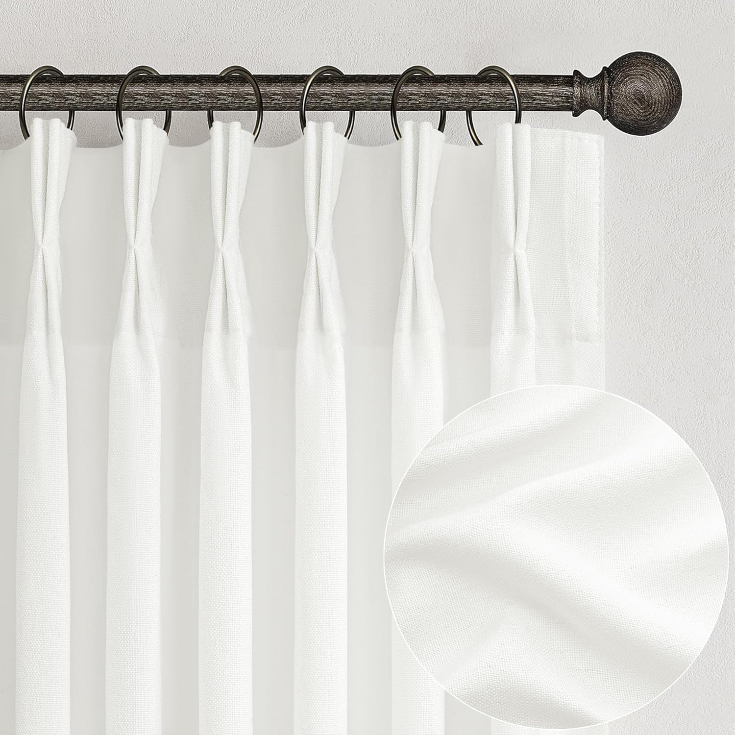 Pinch Pleated Linen Curtains 96 Inches Long for Living Room Bedroom, Light Filtering Boho Window Drape 96 inch 2 Panels Burgs with Hooks&Rings 8ft Cream Birch Sliding Glass Door Sheer Curtain Decor
