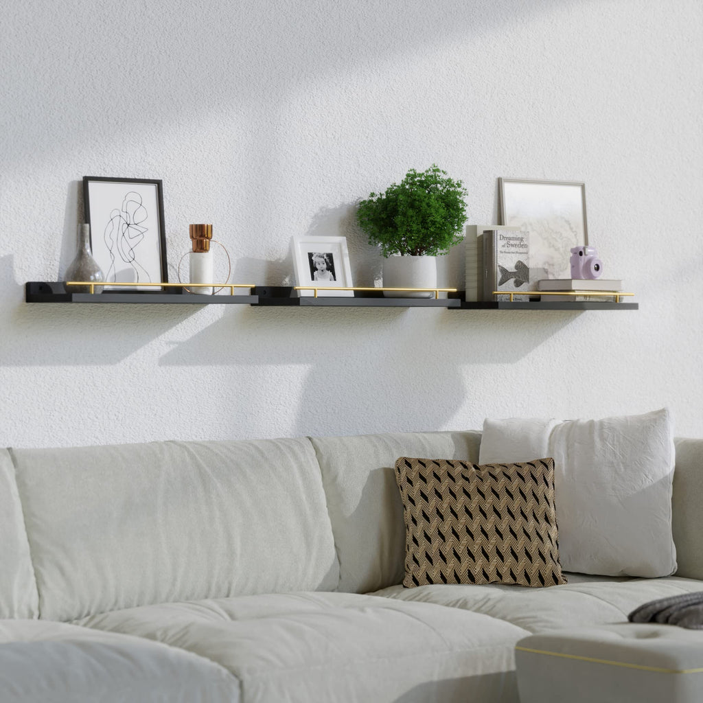 WOPITUES Floating Shelves with Black Metal Guardrail, Shelves for Wall Decor Set of 3, Wall Shelves for Bedroom, Bathroom, Kitchen, Living Room, Plants, Picture Frames, Art- Black