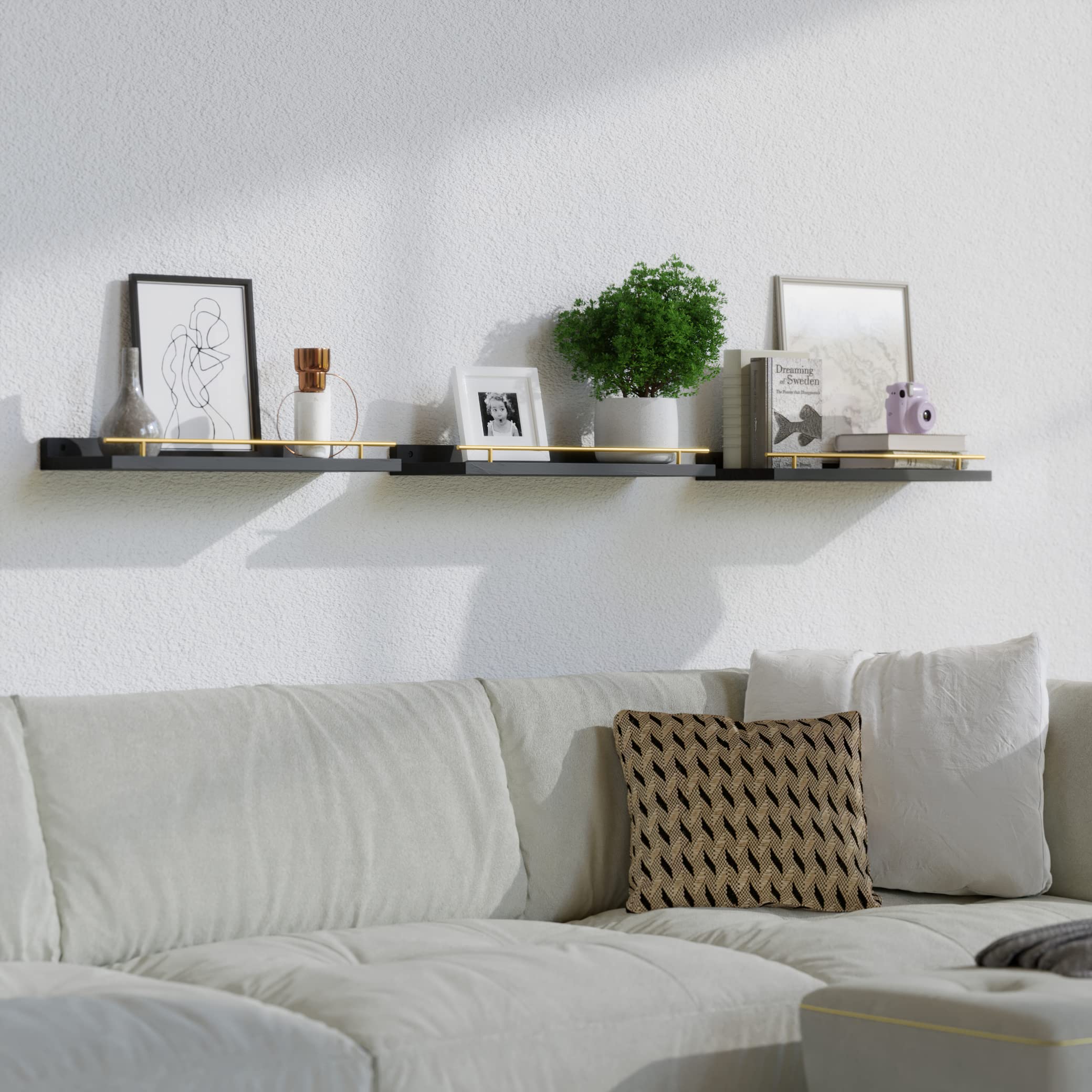 WOPITUES Floating Shelves with Black Metal Guardrail, Shelves for Wall Decor Set of 3, Wall Shelves for Bedroom, Bathroom, Kitchen, Living Room, Plants, Picture Frames, Art- Black