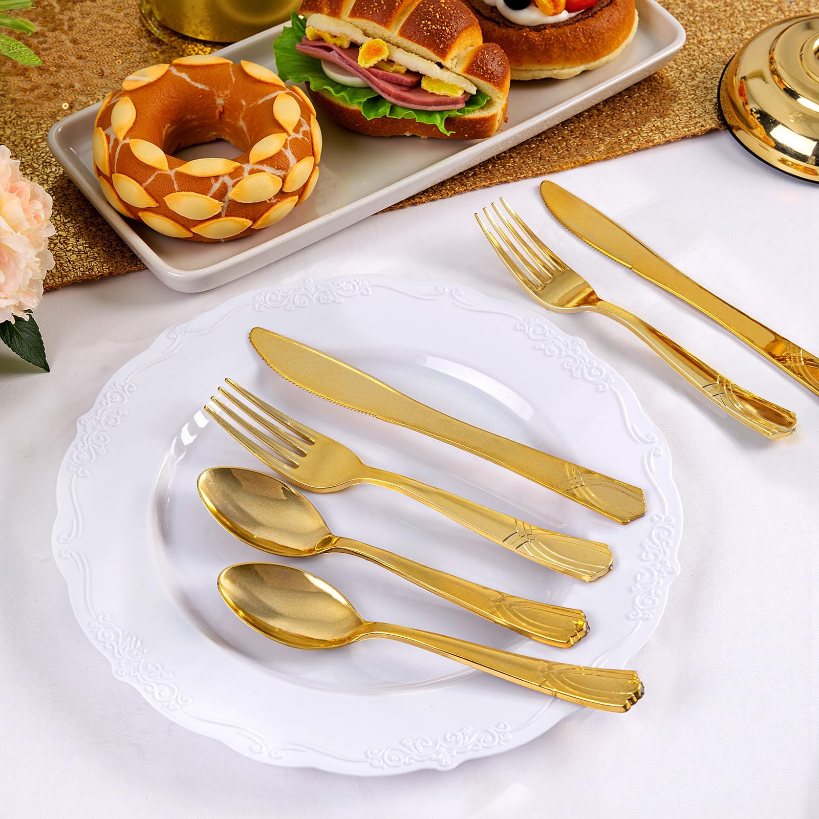 DaYammi 100Pcs Gold Plastic Spoons, Disposable Silverware, plastic Cutlery Heavy Duty Disposable Flatware Dinnerware Perfect for Dinner Parties, Gold disposable Spoons for Party Wedding Dinner