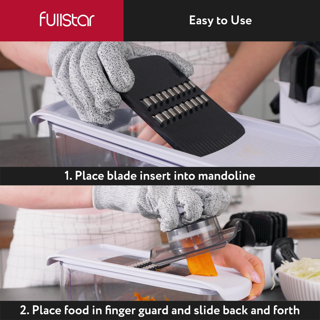 Fullstar Mandoline Slicer for Kitchen, Fruit Cutter, Cheese Grater, Cucumber Slicer, Veggie Spiralizer, Food Cutter & Kitchen Gadgets & Gifts with Safety Glove (6 in 1, White)