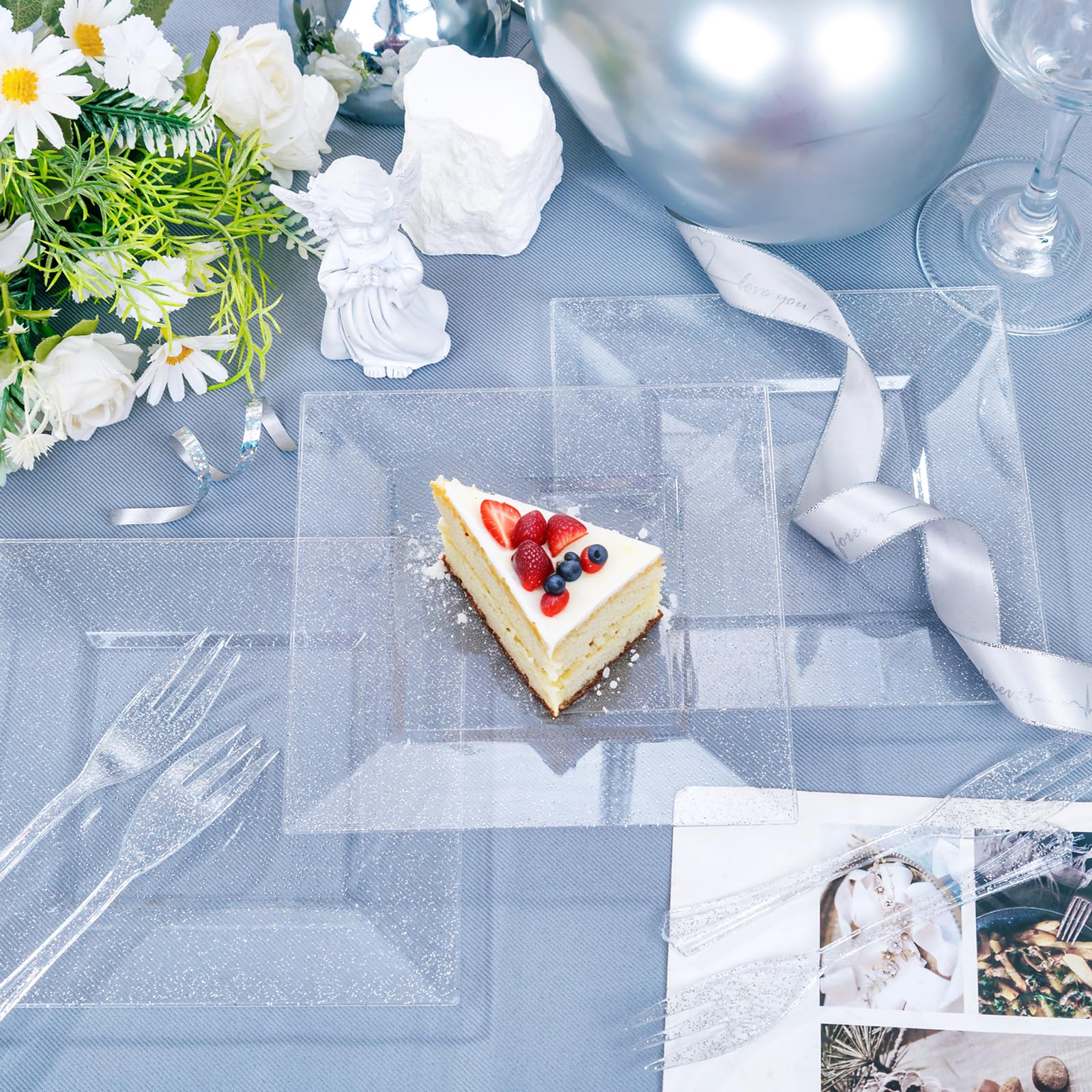 DaYammi 200Pcs Gold Dessert Plates Including 100Pcs Appetizer Plates 6",100Pcs Plastic Forks 5.7",Gold Glitter Plastic Square Plate for Party,Gold Salad Plate and Cake Forks for Party Wedding